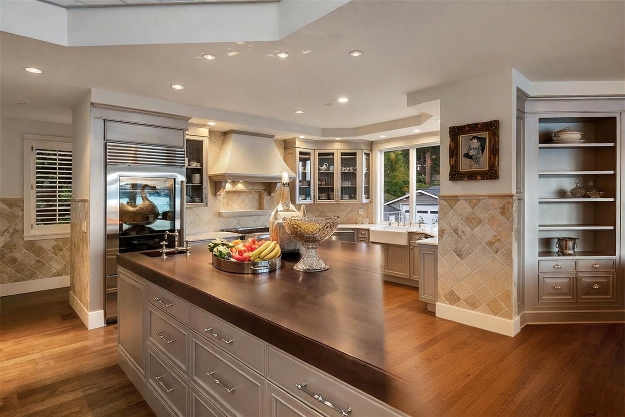 This spacious kitchen features a large central island with a dark wood countertop and light-colored cabinetry, providing ample workspace and storage. The room is equipped with high-end stainless steel appliances, including a built-in refrigerator, and is accented by a decorative tile backsplash and glass-front display cabinets. The perspective captures the heart of the home, highlighting the warm, inviting atmosphere created by recessed lighting and a view through the window toward the exterior.
