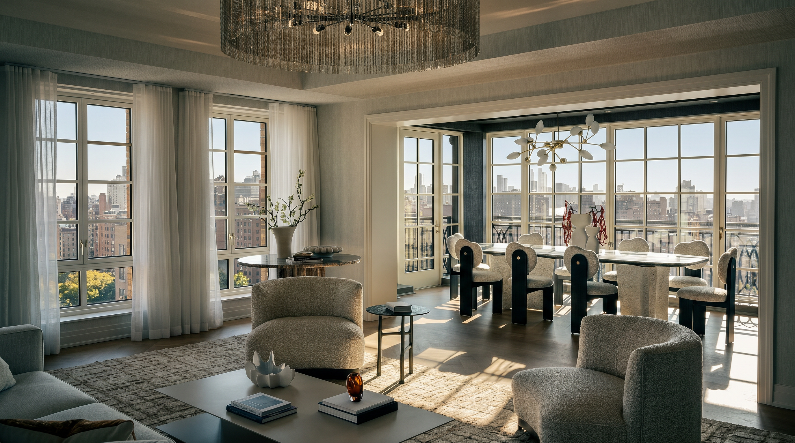 This sophisticated living and dining area features a neutral, monochromatic palette with textured furnishings and a large, circular chain-link chandelier as a focal point. The space is bathed in natural light from expansive windows that offer city views, creating an airy and open atmosphere. The layout seamlessly connects the lounge area, furnished with plush armchairs and a low-profile coffee table, to a formal dining space with modern, sculptural chairs.