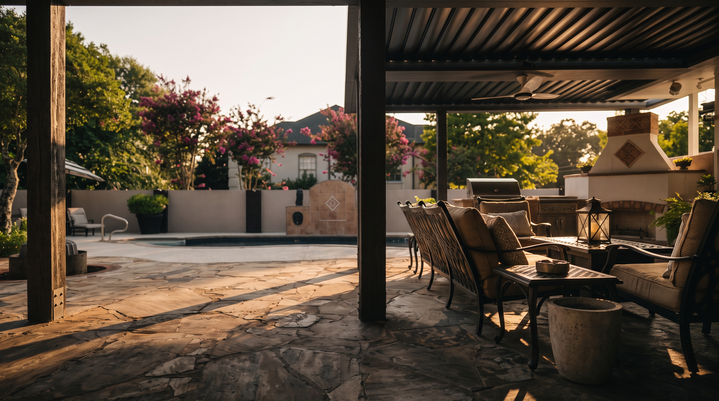 This expansive covered patio features a natural stone floor and a modern louvered roof system with integrated ceiling fans, providing a comfortable outdoor living space. The area includes a built-in outdoor kitchen with a grill and a decorative masonry fireplace, overlooking a private swimming pool and landscaped backyard. The setting offers a seamless transition between indoor and outdoor entertaining areas, perfect for hosting guests.