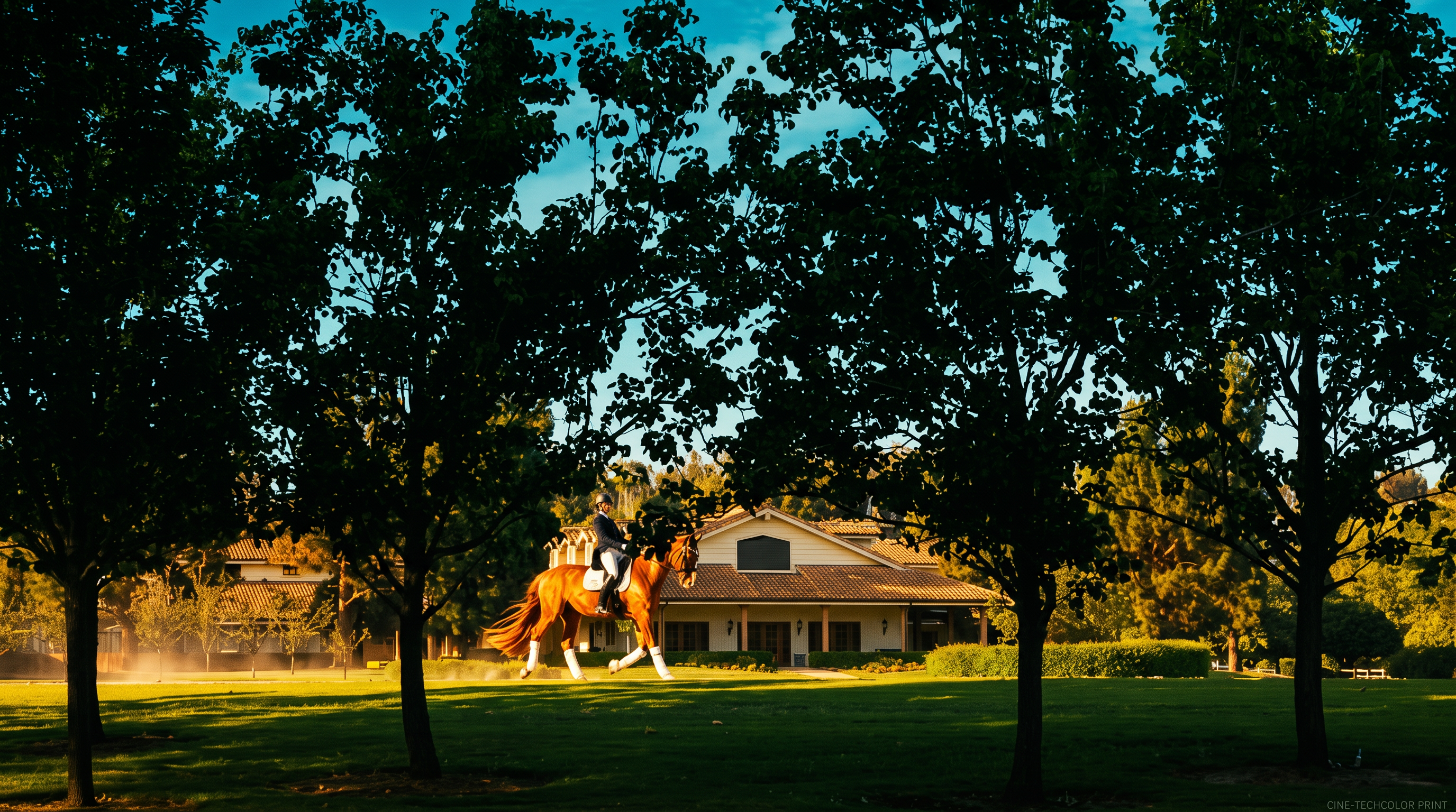 This expansive, manicured lawn features a rider on horseback trotting across the foreground, framed by mature, leafy trees that create a natural canopy. In the background, a traditional-style residence with a tiled roof and light-colored siding sits nestled among the greenery. The scene captures a serene, equestrian-friendly estate atmosphere with a wide-angle perspective that emphasizes the scale of the property.