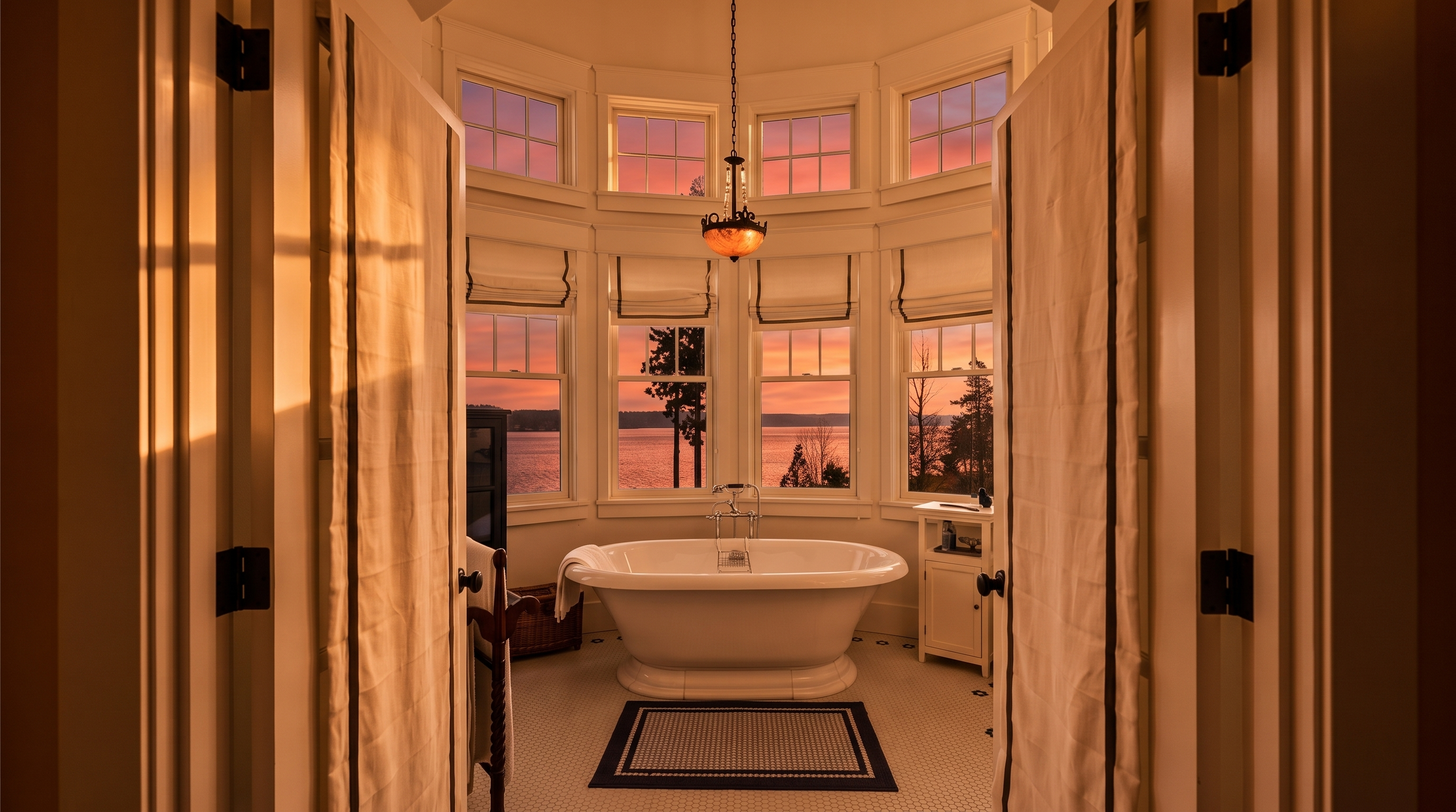 This elegant primary bathroom features a central freestanding soaking tub positioned in front of a curved wall of large windows that offer expansive water views. The space is framed by white double doors and showcases a classic hexagonal tile floor with a decorative border. A hanging pendant light fixture adds a touch of sophistication to the bright, airy room, which is designed to maximize natural light and scenic vistas.