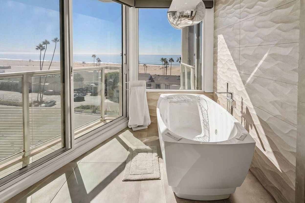 This luxurious primary bathroom features a modern, sculptural soaking tub positioned next to expansive windows that offer a panoramic view of the beach and ocean. The space is accented by a textured, wave-patterned feature wall and large-format floor tiles, creating a serene and high-end atmosphere. A contemporary pendant light hangs above the tub, while a glass-railed balcony is visible just outside the sliding doors.