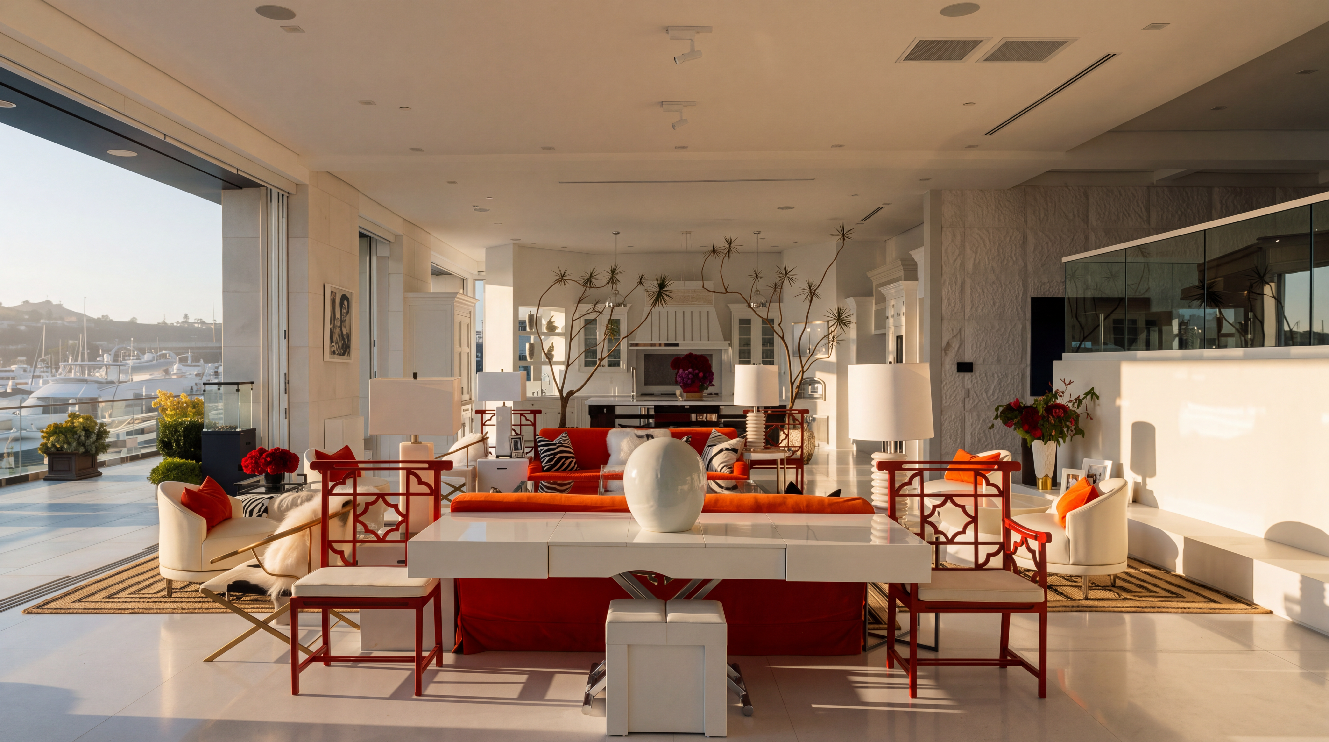 This expansive, open-concept living area features a sophisticated design with a vibrant orange sofa and matching accent chairs set against a bright, white interior. A sleek white desk sits in the foreground, while large glass doors on the left open to a waterfront view, seamlessly blending indoor and outdoor living. The space is accented by sculptural trees, elegant lamps, and a minimalist aesthetic that emphasizes light and luxury.