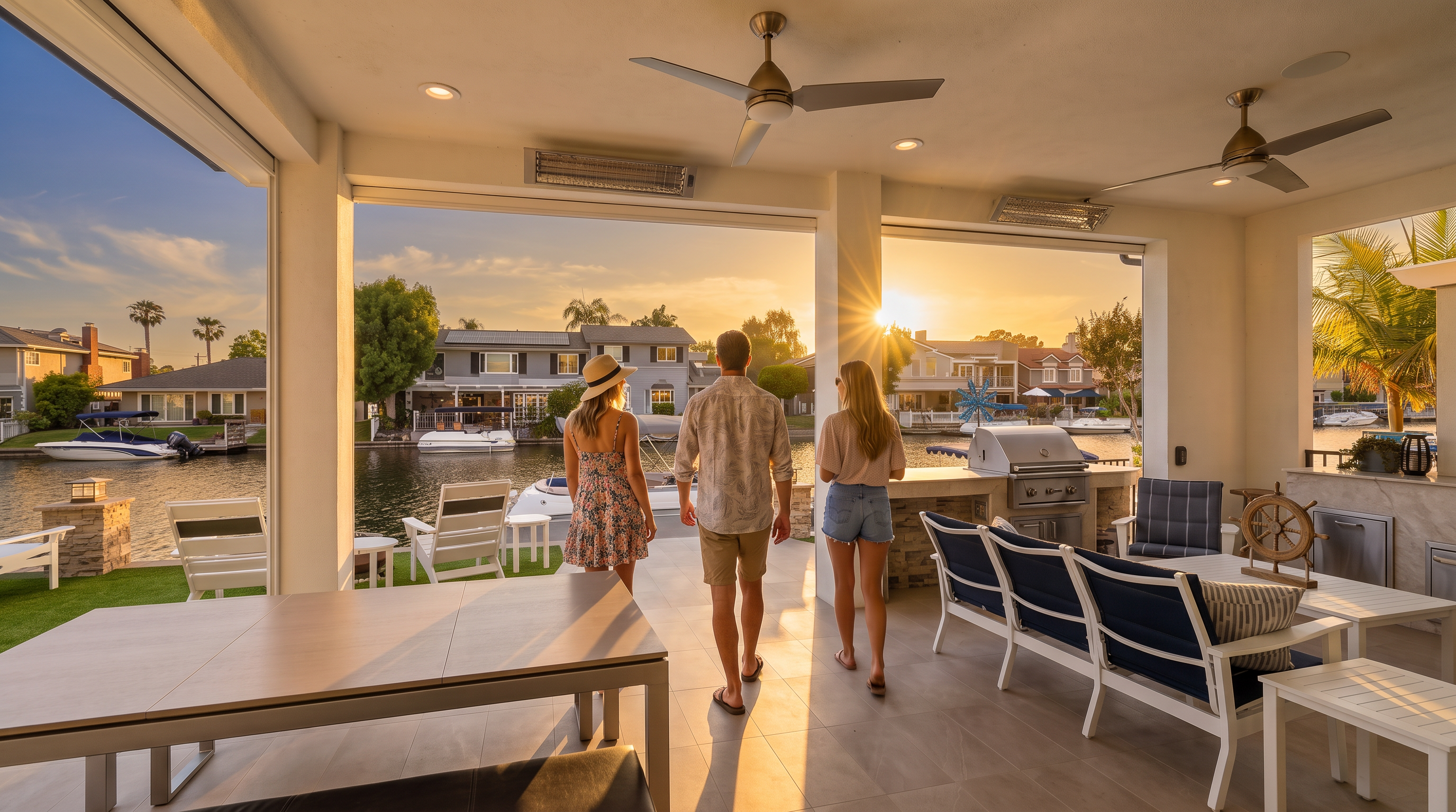 This luxurious covered outdoor patio space overlooks a tranquil canal with private boat docks. It features a modern dining area, a built-in outdoor kitchen with a TV, and sleek, contemporary furniture, creating an ideal setting for waterfront entertaining. The open design allows for seamless indoor-outdoor living, providing stunning water views.