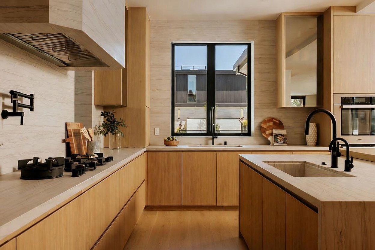 This modern kitchen features light wood cabinetry, sleek stone countertops, and a central island with a built-in sink. A large window above the main counter provides natural light and a view of the exterior, while a professional-style range with a custom hood serves as a focal point. The space is designed with a minimalist aesthetic, incorporating matte black hardware and fixtures for a sophisticated, contemporary look.