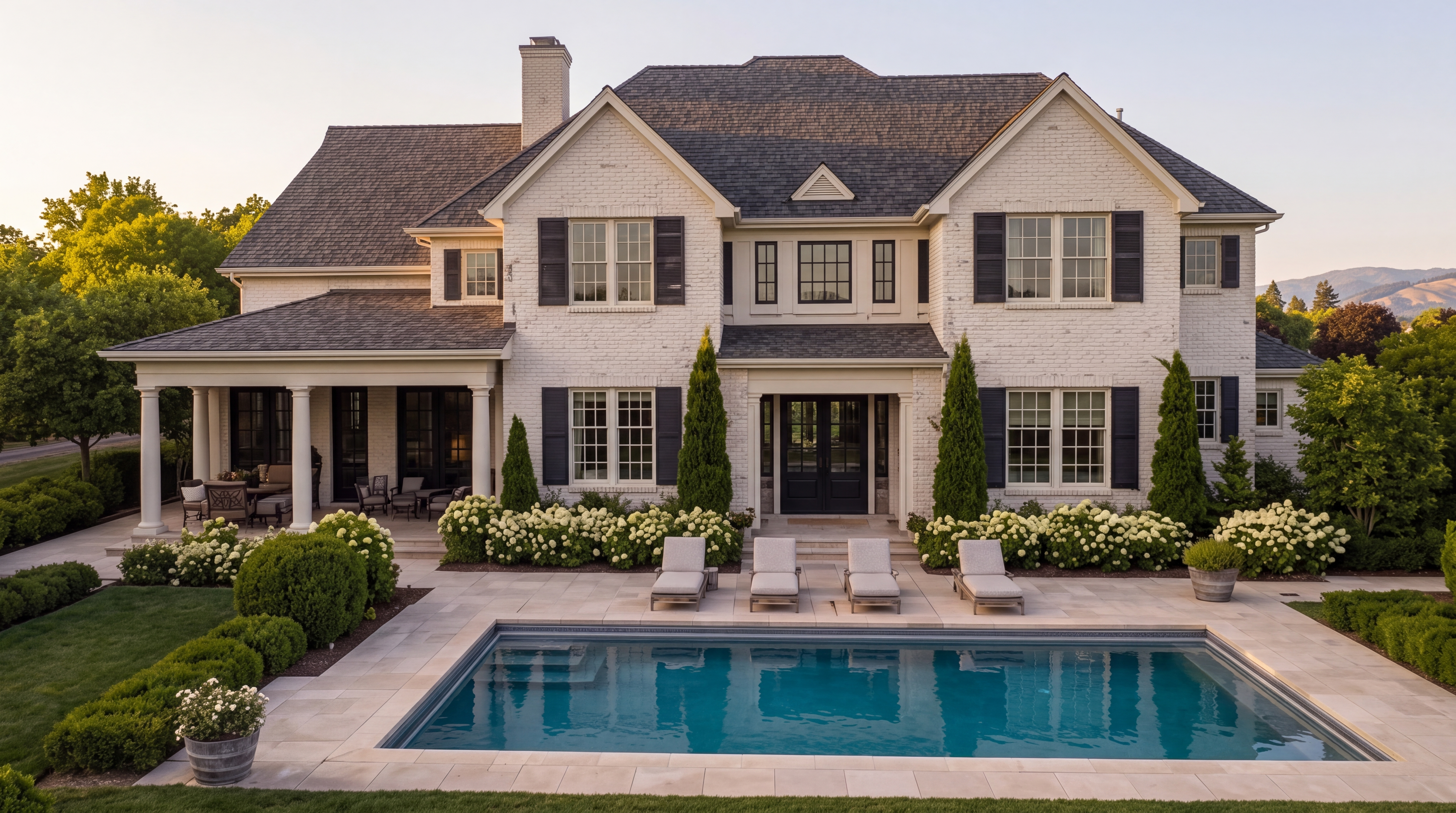 This elegant, two-story white brick estate features a symmetrical architectural design with dark shingled roofing and classic shutters. The rear outdoor living space is beautifully landscaped and includes a pristine rectangular swimming pool, a spacious stone patio, and a covered porch area. The scene exudes luxury and sophistication, perfectly set for high-end outdoor entertaining.