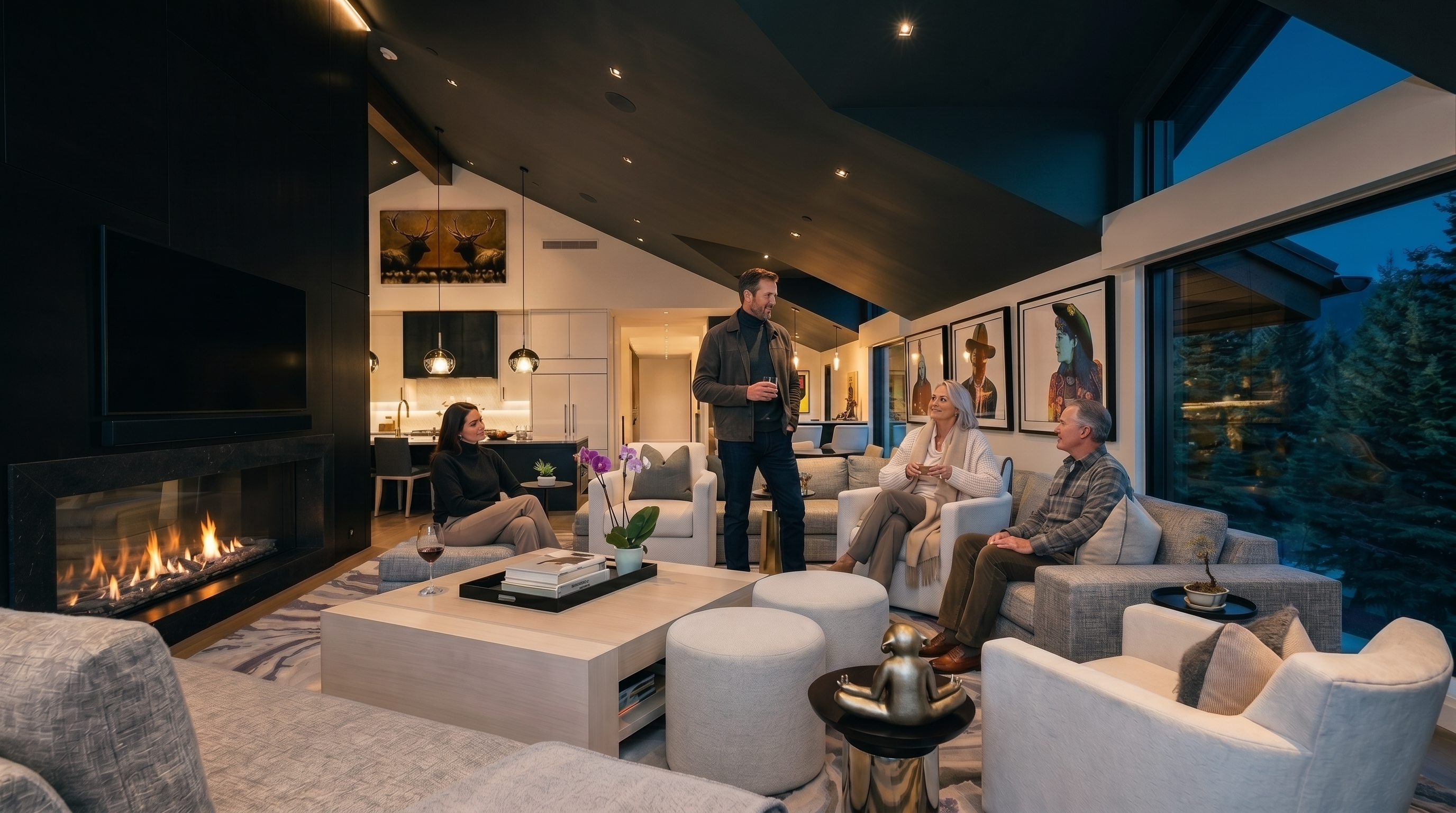 This expansive, open-concept living room features a dramatic vaulted ceiling and a large, modern fireplace with a dark, full-height surround. A spacious gray sectional sofa and two white armchairs are arranged on a patterned area rug, creating a comfortable seating area that flows seamlessly into the adjacent kitchen. Large windows provide abundant natural light and frame scenic views of the surrounding forest, contributing to a sophisticated and airy mountain-modern aesthetic.