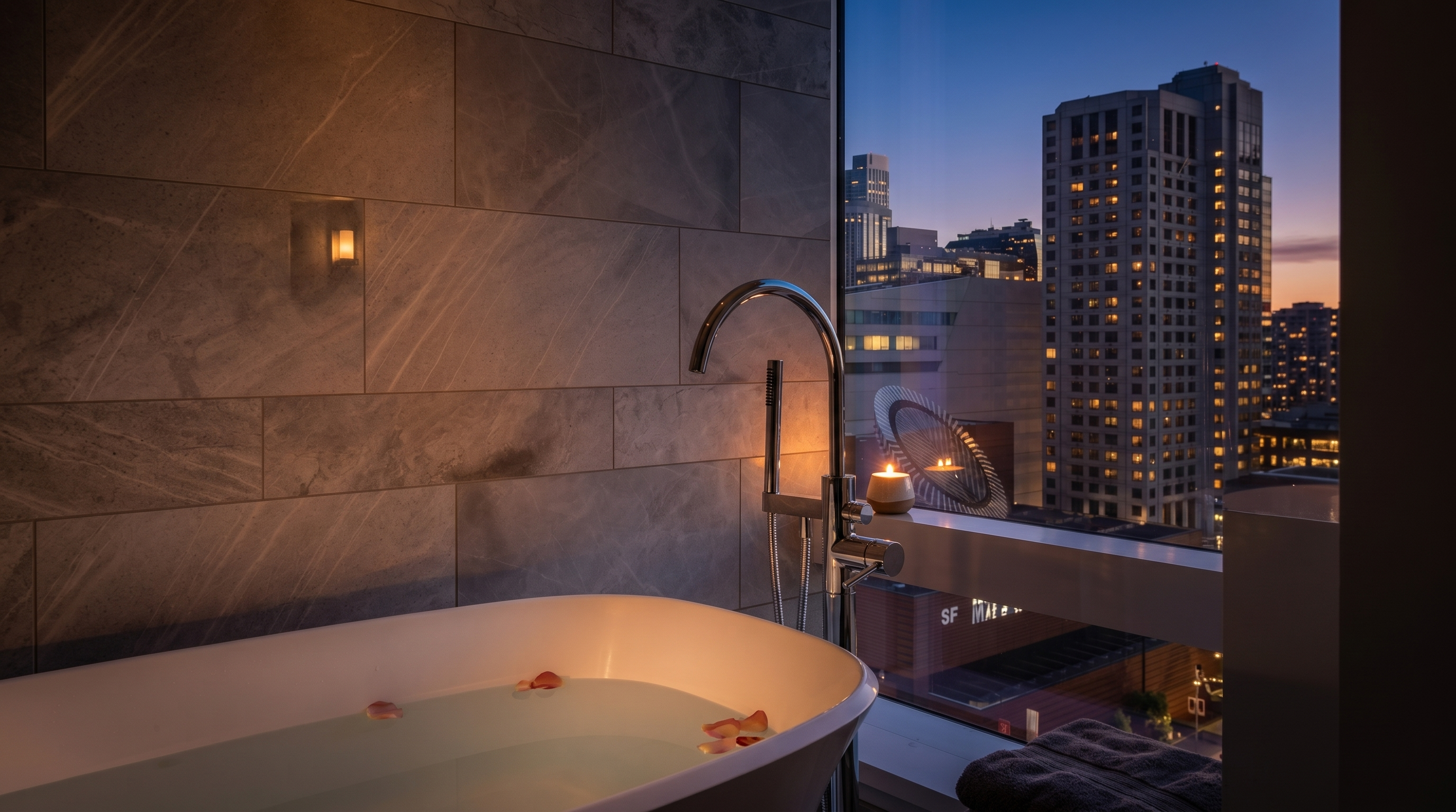 This primary bathroom features a sophisticated freestanding white soaking tub paired with a sleek, modern chrome floor-mounted faucet and handheld shower attachment. The space is accented by elegant gray patterned tiled walls, while a floor-to-ceiling glass window provides an impressive and dramatic urban cityscape view. The design highlights a luxurious, contemporary aesthetic perfect for a high-rise living environment.