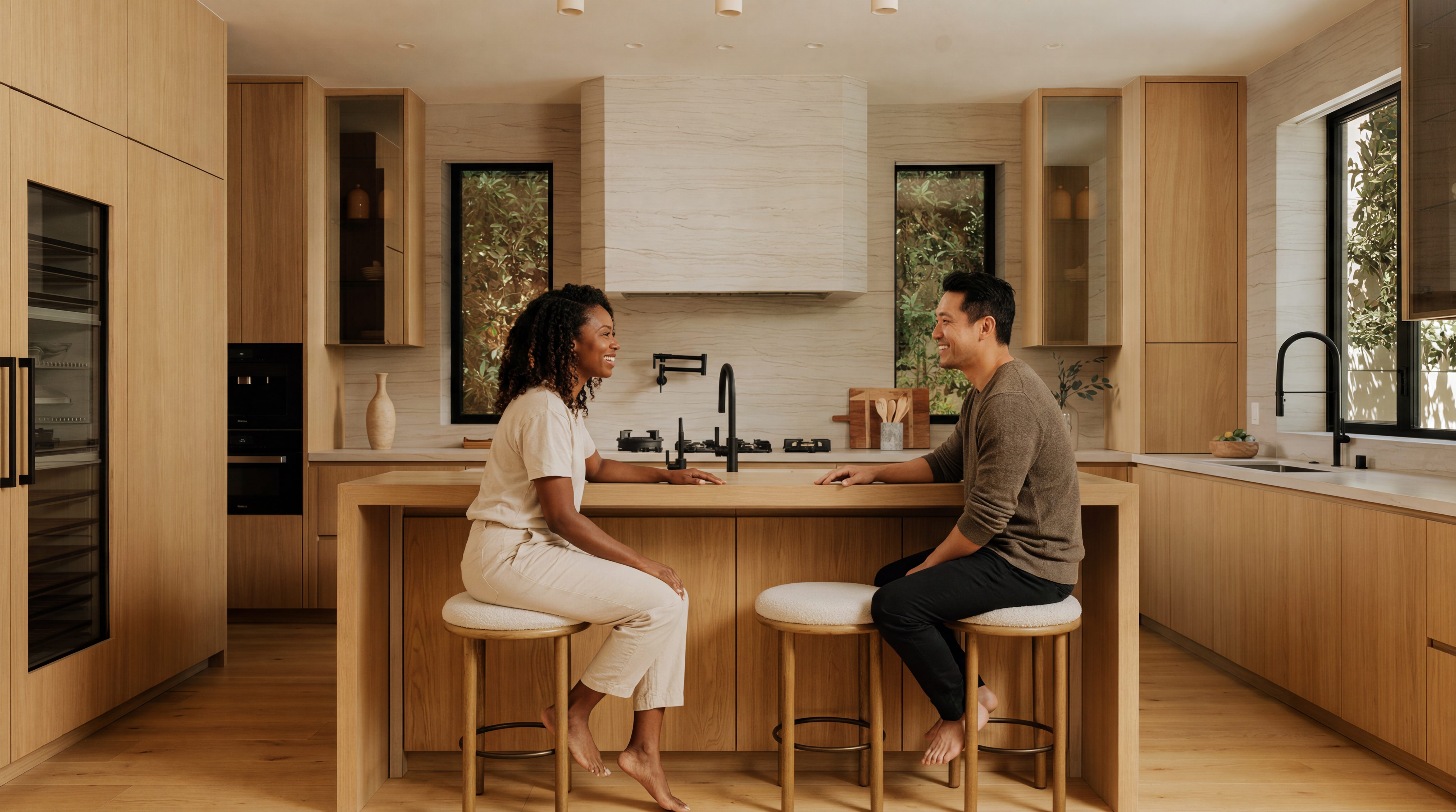 This modern, minimalist kitchen features warm light-wood cabinetry and a matching central island, creating a streamlined and cohesive aesthetic. The space is highlighted by integrated professional-grade appliances, a sleek stone backsplash, and recessed lighting that creates an inviting atmosphere. A couple is seated at the island, emphasizing the functional and social nature of this thoughtfully designed culinary space.