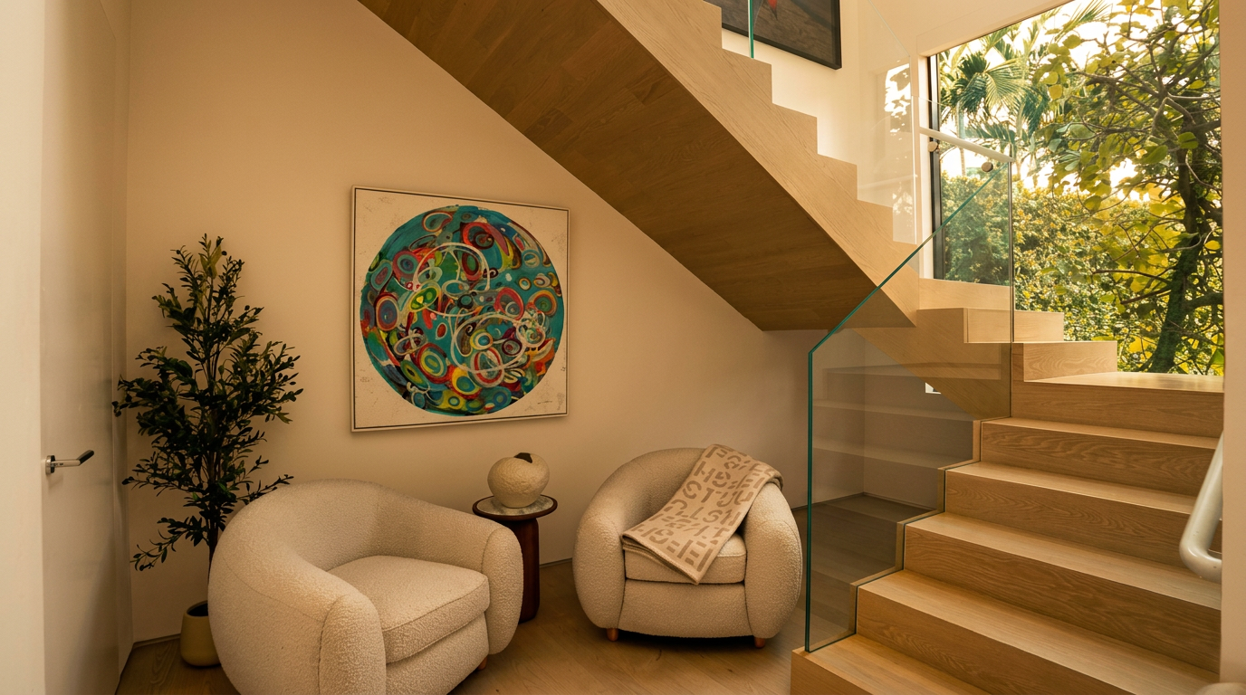 This bright, modern entryway features a striking light wood staircase with a glass railing that creates an open and airy atmosphere. Below the stairs, two textured white armchairs are arranged around a small side table, complemented by a vibrant, circular abstract painting on the wall. A large window provides a view of lush greenery outside, enhancing the contemporary and sophisticated aesthetic of the space.