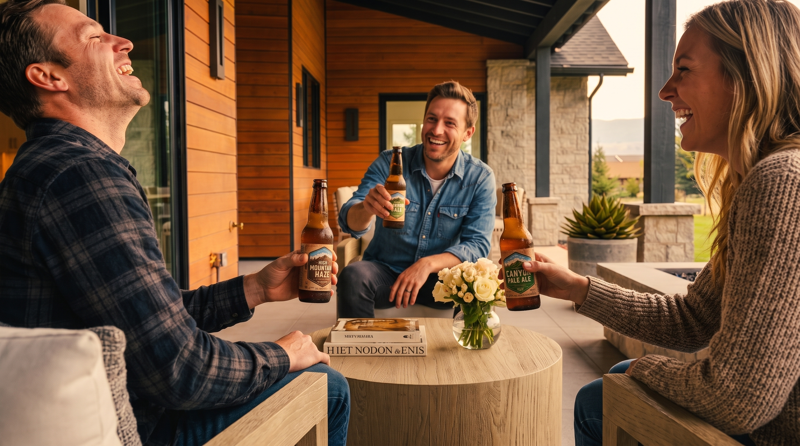 This image showcases a warm, inviting outdoor patio space ideal for social gatherings. The area features high-quality wood siding, comfortable lounge seating, and a modern circular coffee table, all set against a backdrop of a beautifully landscaped property with stone accents. The bright, open-air design creates a perfect blend of indoor-outdoor living, enhancing the home's entertainment appeal.