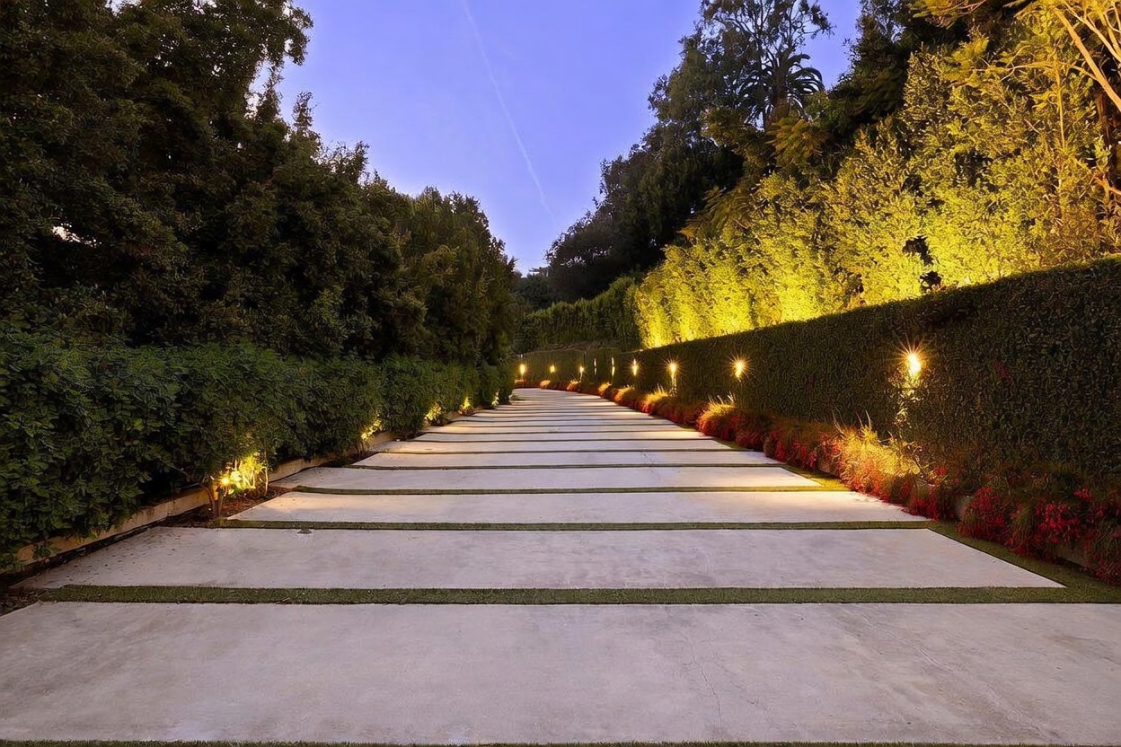 This image captures a long, private driveway leading toward a residence, framed by lush, manicured hedges and mature trees. The concrete path is segmented by strips of green turf, creating a clean, geometric aesthetic that is illuminated by warm, recessed landscape lighting along the edges. The perspective is a low-angle, centered shot that emphasizes the depth and exclusivity of the approach.