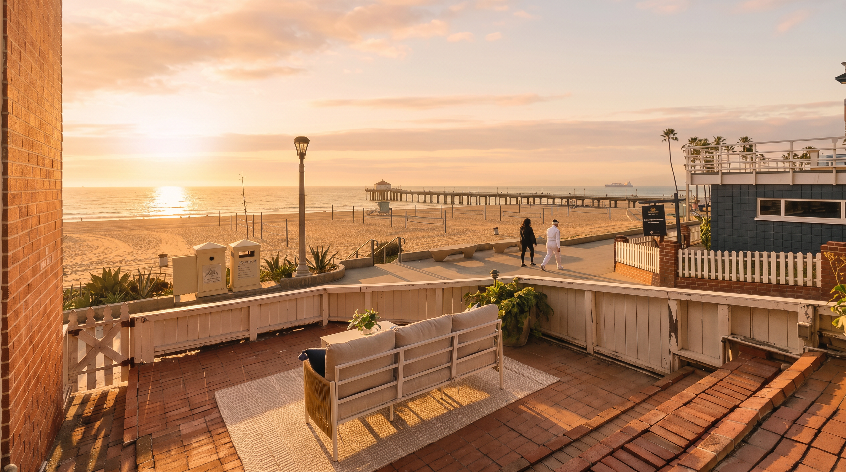 This elevated brick patio offers a stunning, unobstructed view of the beach and ocean, complete with a pier stretching into the horizon. The space is furnished with a comfortable outdoor sofa set placed on a textured rug, creating an inviting lounge area. A white wooden fence borders the patio, providing a clean contrast against the natural coastal backdrop.