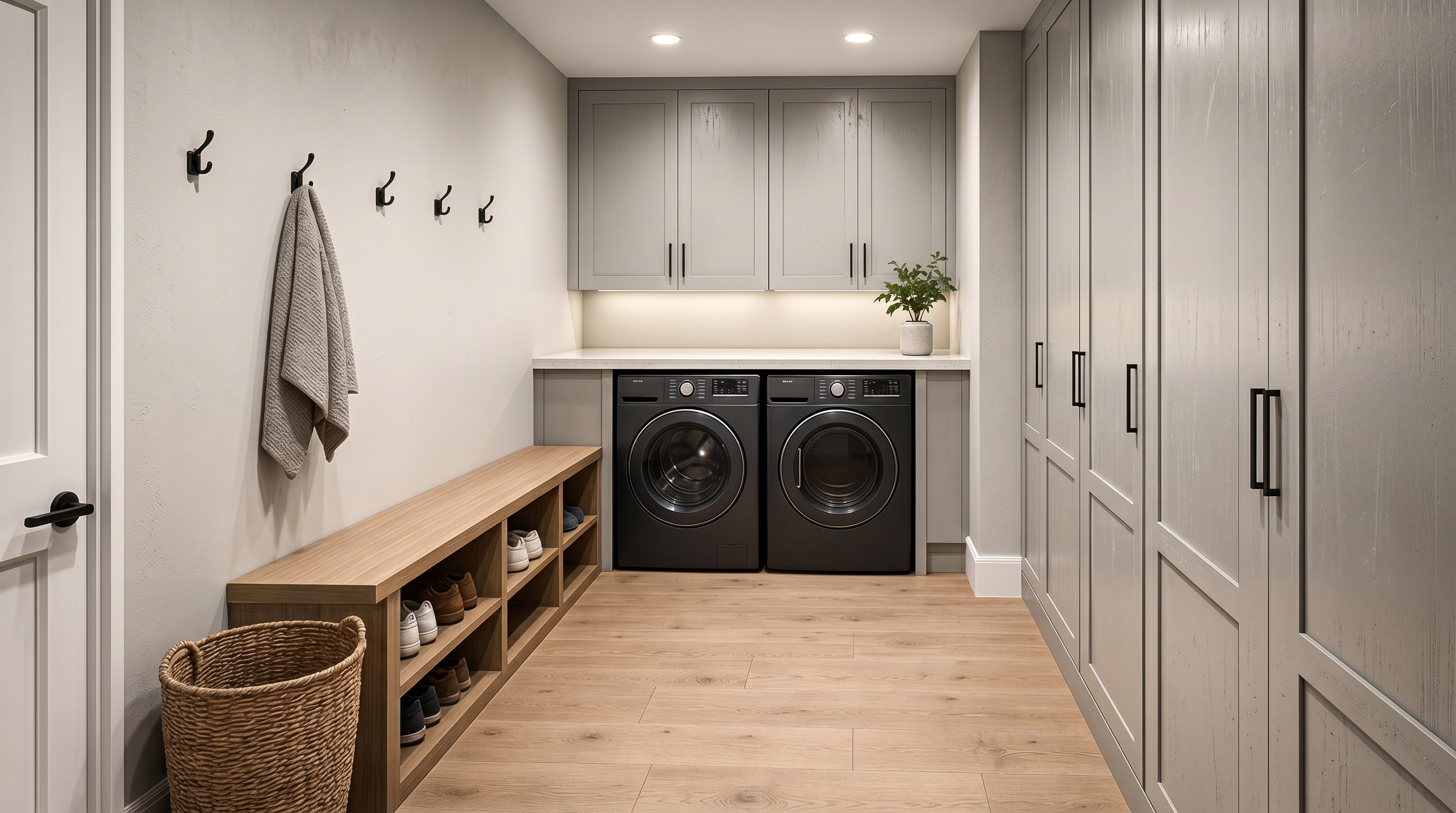 This unfinished laundry room space features bare drywall, a subfloor, and rough-in plumbing and electrical connections. The room is configured for a washer and dryer setup against the rear wall, offering a blank canvas for customization. The neutral, raw state of the room provides a functional foundation for a new homeowner to finish according to their personal style.