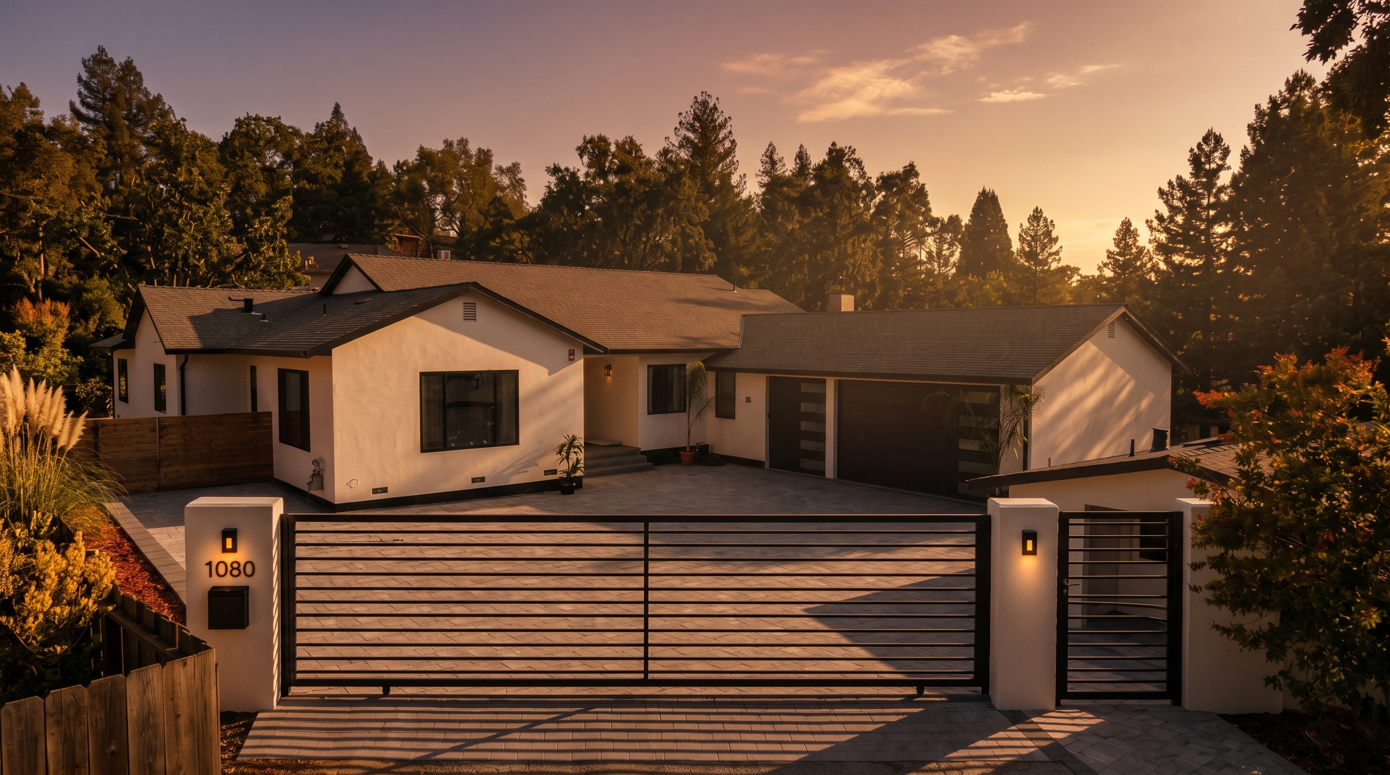 This front-facing perspective captures a modern, single-story residence with a clean, white stucco facade and dark trim accents. The property features a spacious, paved driveway secured by a contemporary horizontal-slat metal gate, complemented by a matching pedestrian gate and a prominent address pillar labeled 1080. Surrounded by mature trees and a clear blue sky, the home presents a sophisticated, private, and well-maintained curb appeal.