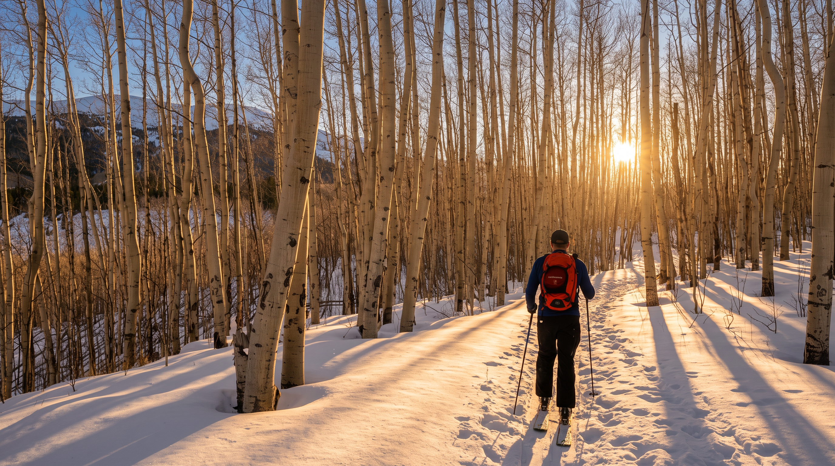 A person cross-country skis through a dense, sunlit grove of aspen trees in a snowy, mountainous landscape. The scene captures a serene winter outdoor recreation area, highlighting the natural beauty and accessibility of the surrounding terrain. The perspective is from behind the skier, looking forward into the forest with snow-capped peaks visible in the distance.