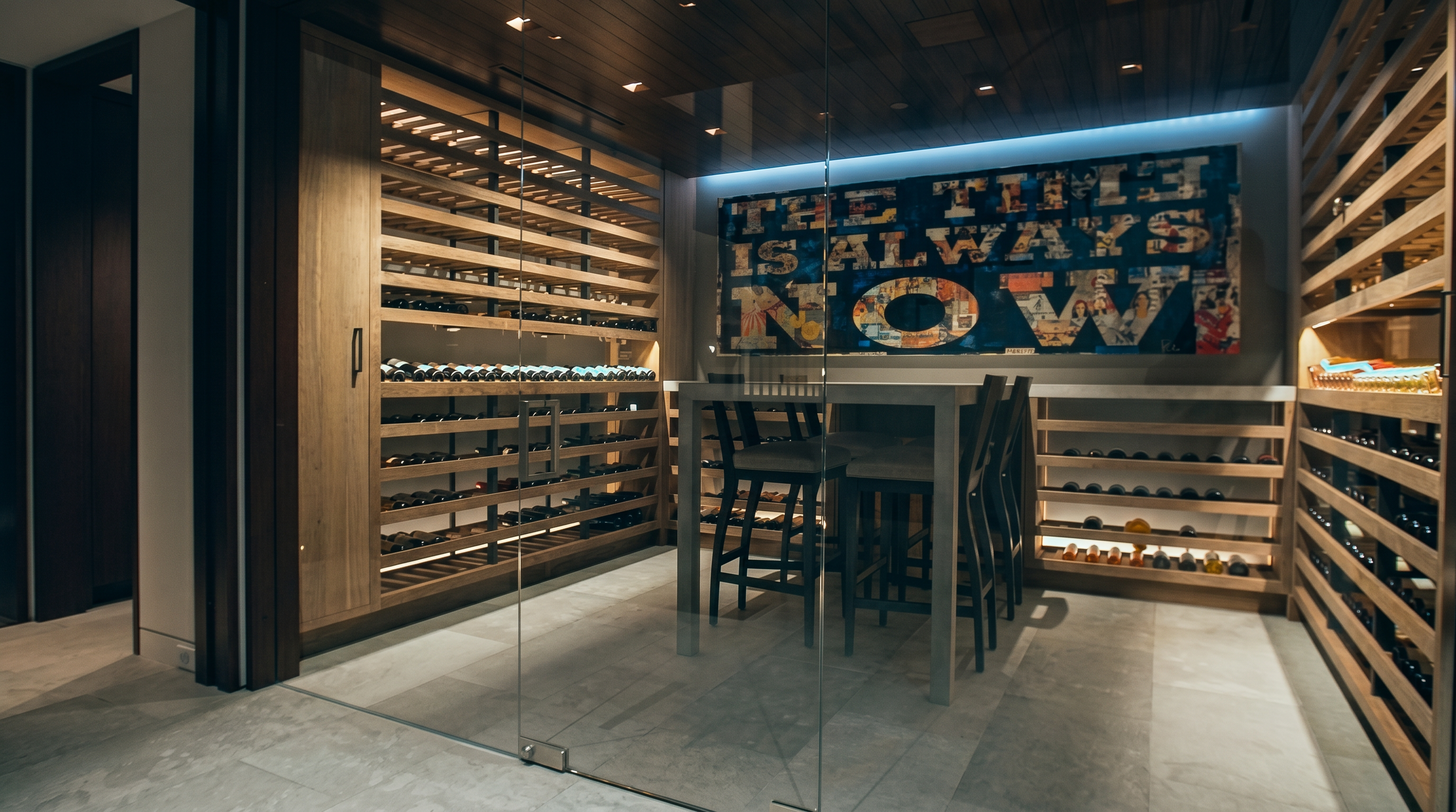 This sophisticated wine cellar features extensive light wood racking systems lining the walls, providing ample storage for a large collection. A central table with bar-height seating creates an intimate tasting area, while a prominent piece of wall art reading 'THE TIME IS ALWAYS NOW' serves as a focal point. The space is enclosed by a glass partition, offering a clear, cinematic view of the climate-controlled environment.