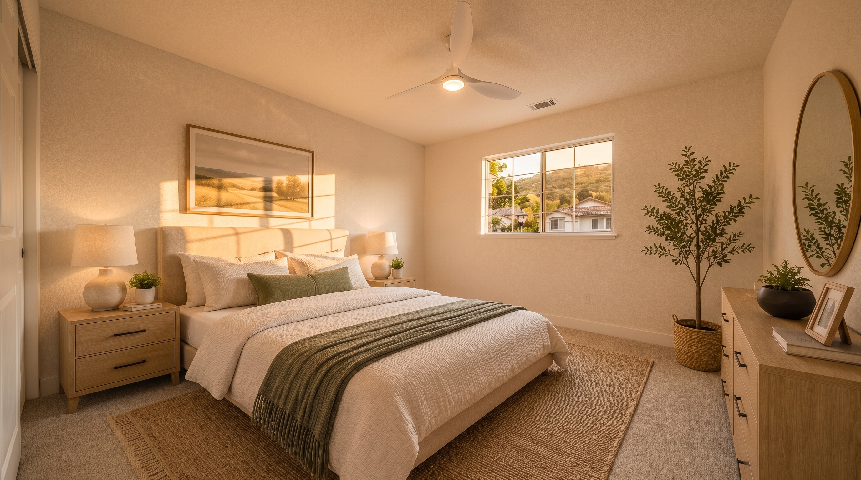 This bright and airy bedroom features a neutral color palette with soft textures and light wood furniture. A queen-sized bed with a beige upholstered headboard is centered in the room, accented by a green throw blanket and matching pillows, while a large window provides natural light and a view of the neighborhood. The space is completed by a light wood dresser with a round mirror, a woven rug, and a potted plant, creating a calm and inviting atmosphere.