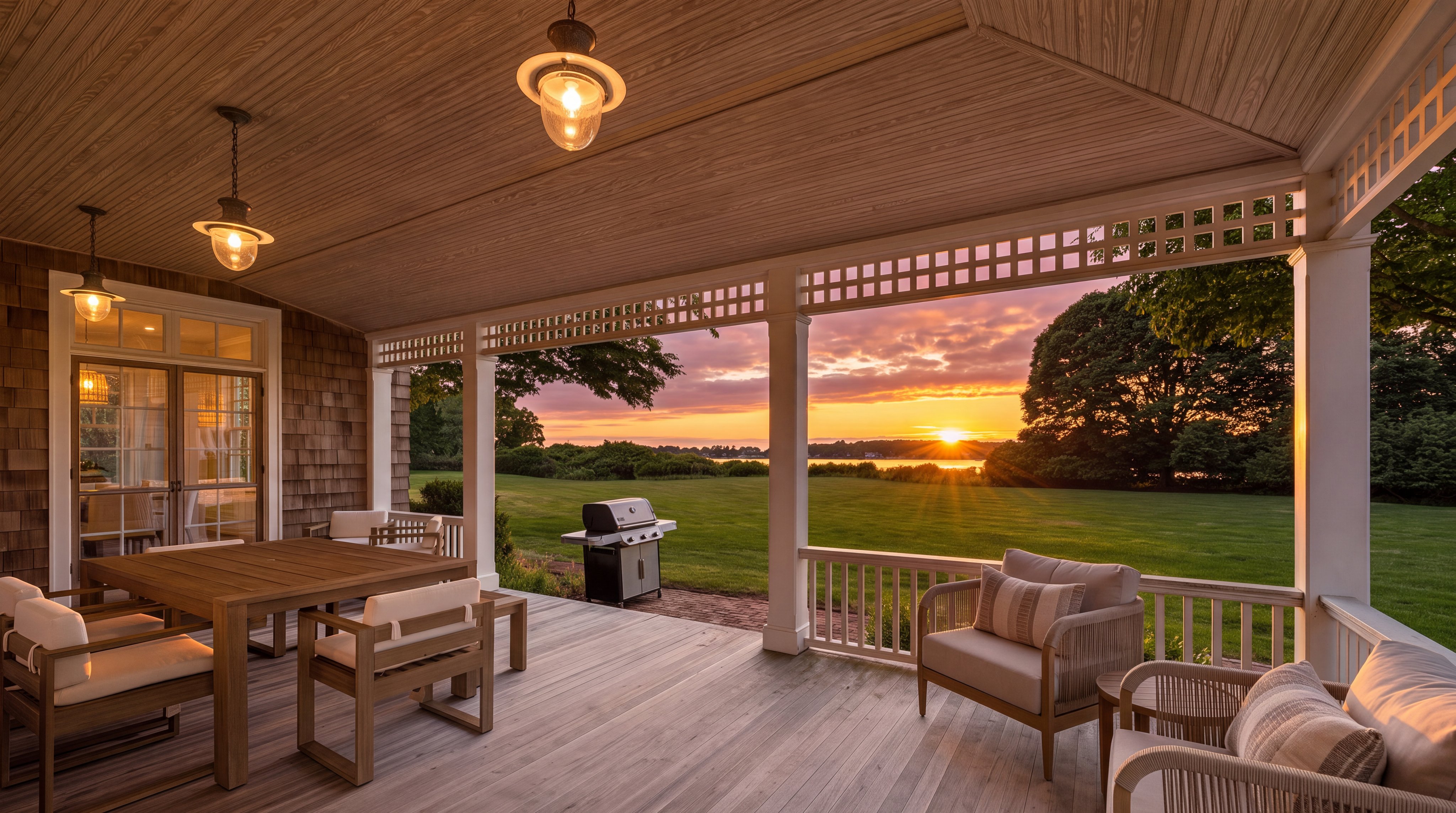 This stunning covered porch features expansive views of a lush green lawn and an adjacent lake at sunset, creating a serene and inviting atmosphere. The space includes a comfortable outdoor dining area, plush lounge seating, and a grill, making it ideal for entertaining and relaxation. High-quality craftsmanship and warm ambient lighting complement the deck's inviting, picturesque setting.