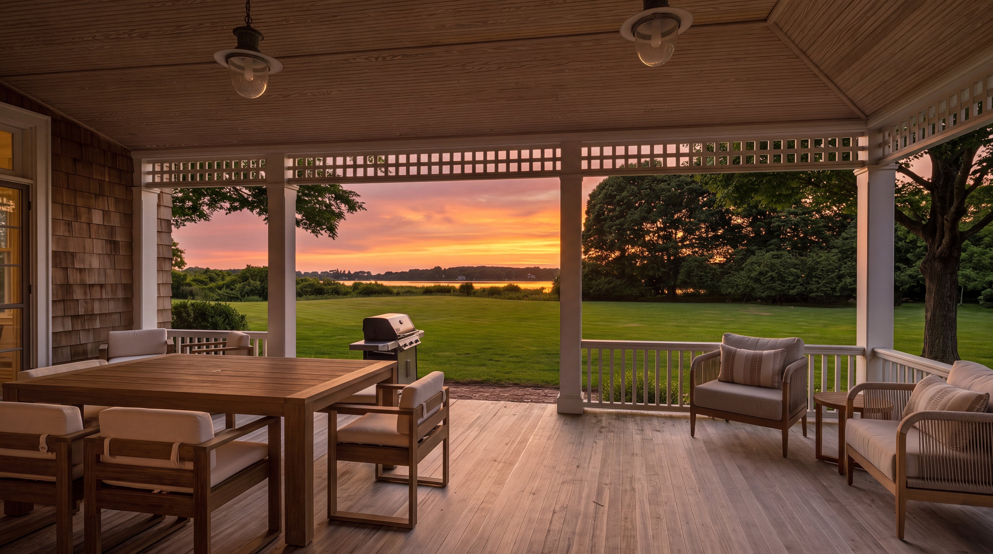 This spacious, covered porch features high-quality wooden decking and comfortable outdoor furniture, perfectly suited for relaxation or al fresco dining. The open-air design offers expansive, unobstructed views of a vast green lawn and a serene, sunset-lit waterfront landscape. The architectural detailing, including shingle-style siding and classic white railings, creates a welcoming and refined atmosphere ideal for a luxury real estate setting.