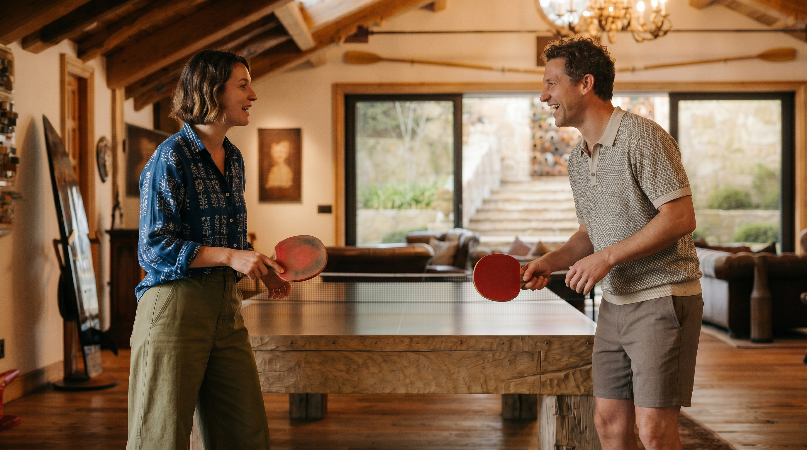 This expansive, rustic-style living room features a vaulted ceiling with exposed wooden beams and a prominent ping-pong table as a central focal point. The space is furnished with comfortable leather seating, warm wood flooring, and a large glass sliding door that opens to a stone-walled outdoor terrace. The overall atmosphere is one of sophisticated, cozy leisure, blending natural textures with high-end craftsmanship.
