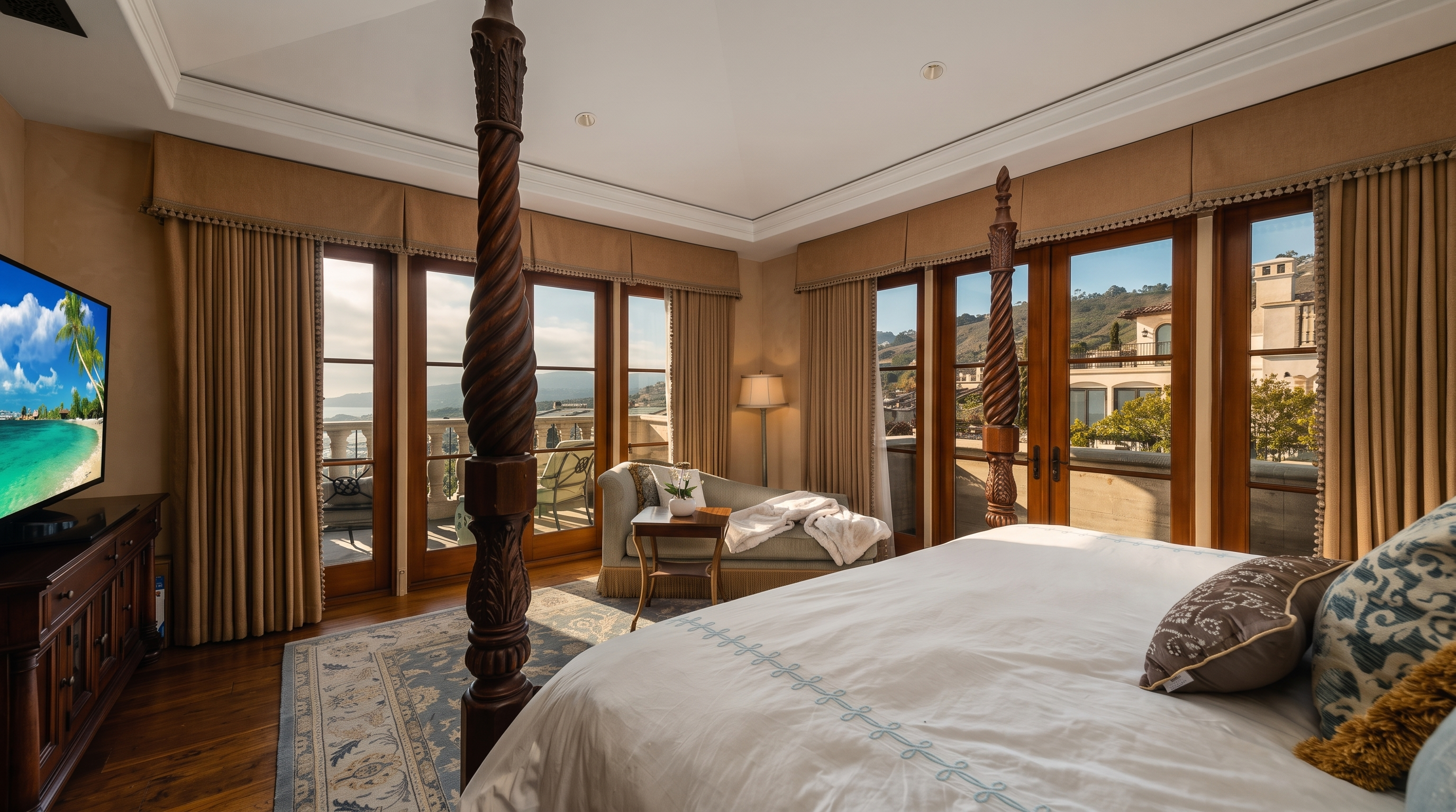 This spacious primary bedroom features a grand four-poster bed as the central focal point, set against a backdrop of tall windows that provide access to a private balcony. The room is decorated with warm, neutral tones, elegant drapery, and a patterned area rug over hardwood floors. A cozy chaise lounge sits in the corner, creating a serene retreat with views of the surrounding landscape.