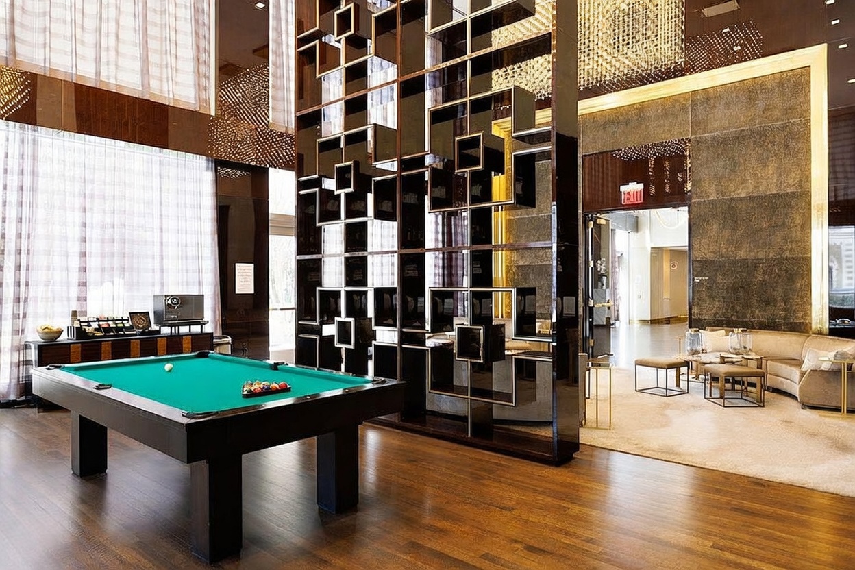 This sophisticated lounge area features a prominent pool table in the foreground, set against a striking, geometric open-frame room divider that adds architectural depth. To the right, a plush seating area with a neutral-toned sofa and ottomans creates a comfortable space for socializing, while large windows with sheer drapery allow for ample natural light. The space is defined by its high-end, modern aesthetic, characterized by dark wood flooring and a polished, reflective ceiling.