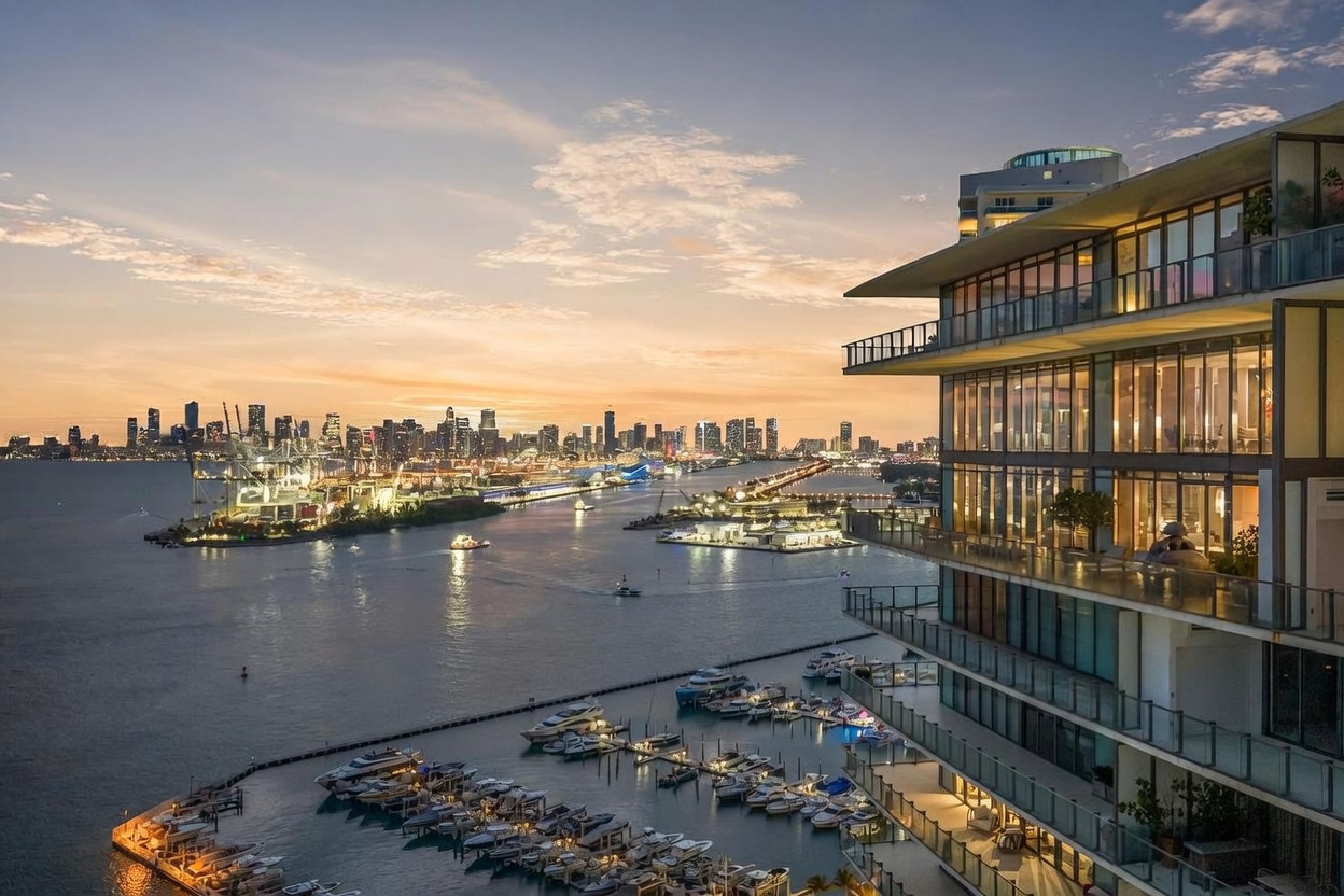 This high-angle aerial view captures a modern luxury high-rise building at sunset, showcasing its expansive balconies and floor-to-ceiling glass walls. The perspective overlooks a bustling marina filled with yachts, with a sprawling city skyline glowing in the distance across the water. The warm, golden hour light creates a sophisticated and serene atmosphere, highlighting the prime waterfront location.
