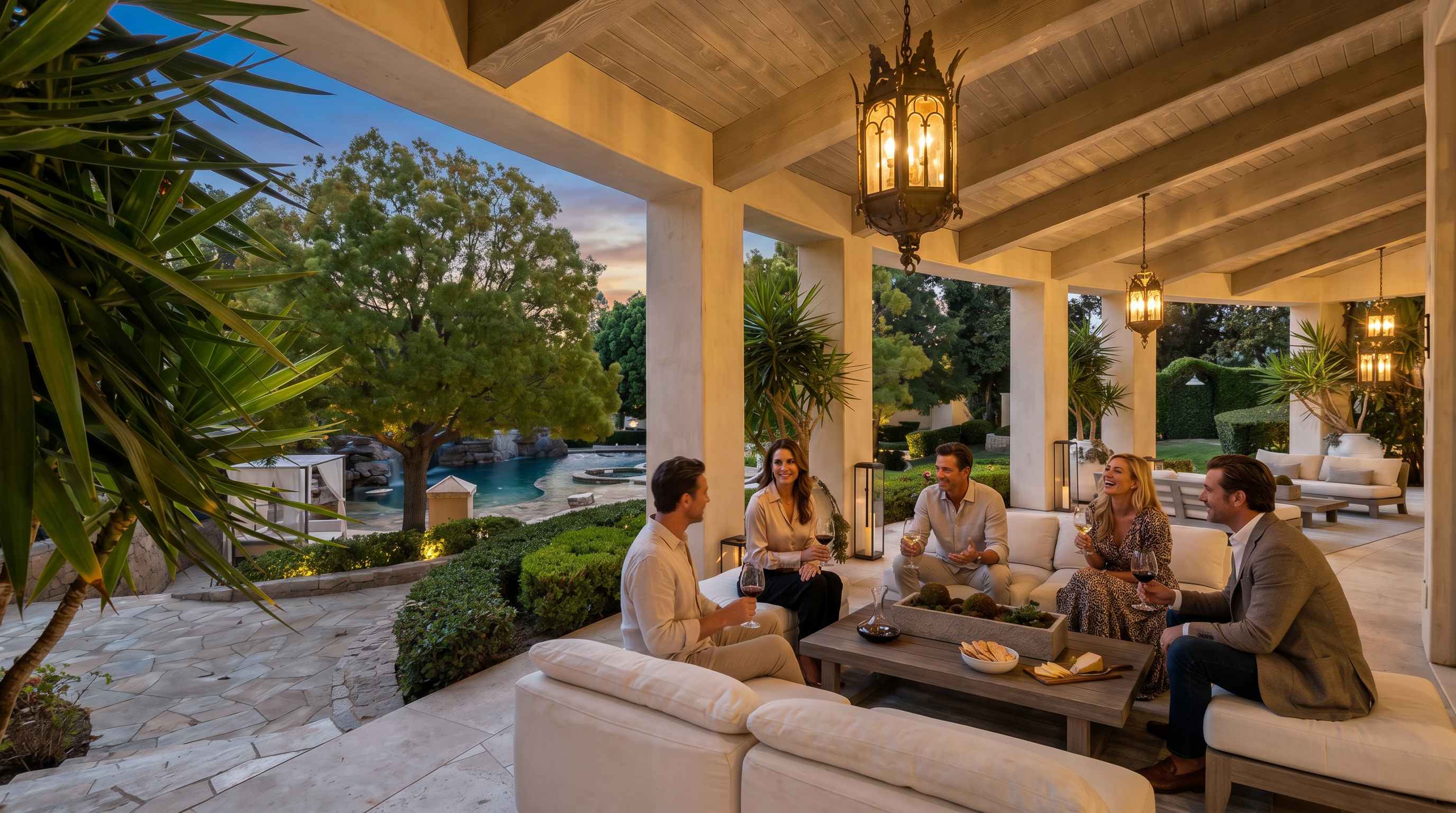 This image showcases a luxurious outdoor patio area, featuring comfortable white cushioned seating arranged around a coffee table. The patio is covered by a wooden-beamed roof with elegant hanging lanterns, and it overlooks a beautifully landscaped garden with a pool and mature trees. The overall impression is one of sophisticated outdoor living and relaxation.