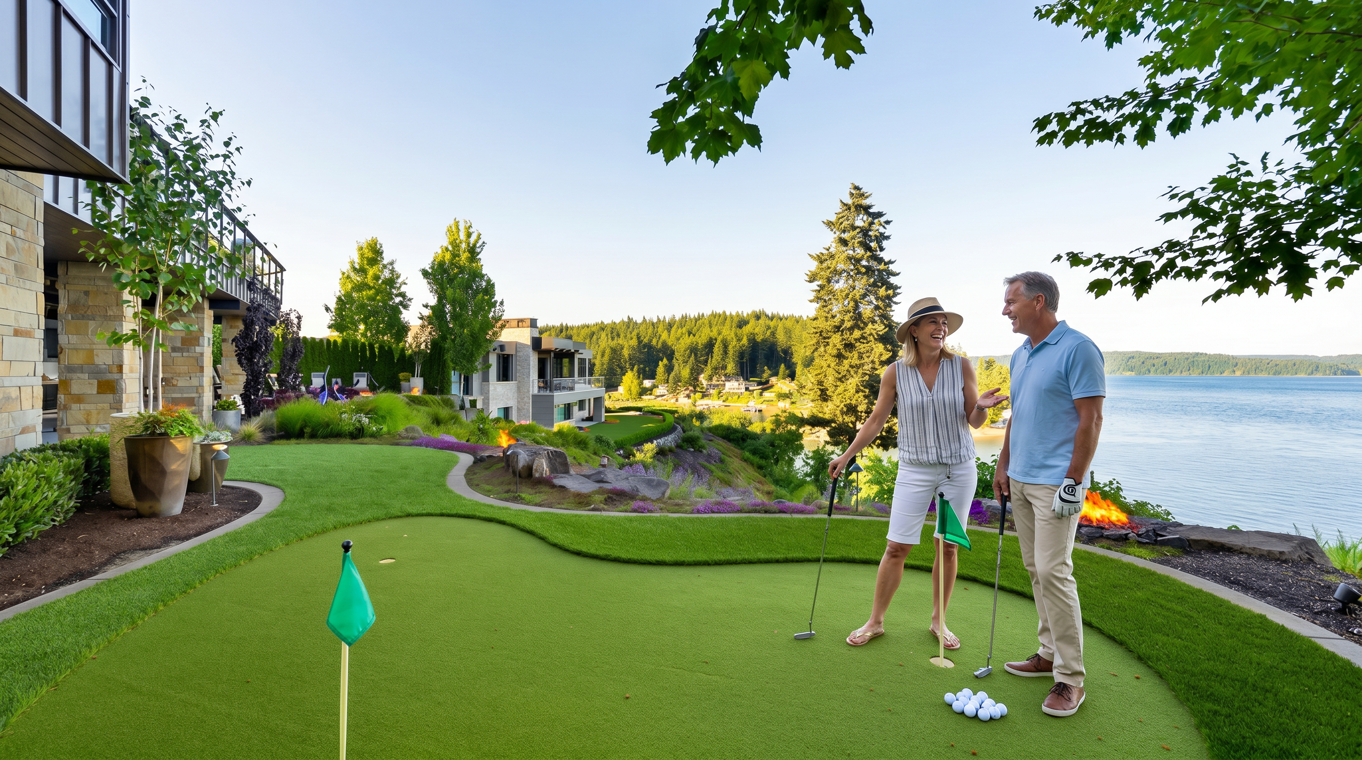 This expansive backyard features a manicured putting green with two flag pins, set against a stunning waterfront backdrop. A stone-clad fire pit area sits near the edge of the property, overlooking the calm bay and dense forest beyond. The scene is framed by lush landscaping and the side of a modern home, creating a serene and luxurious outdoor living space.