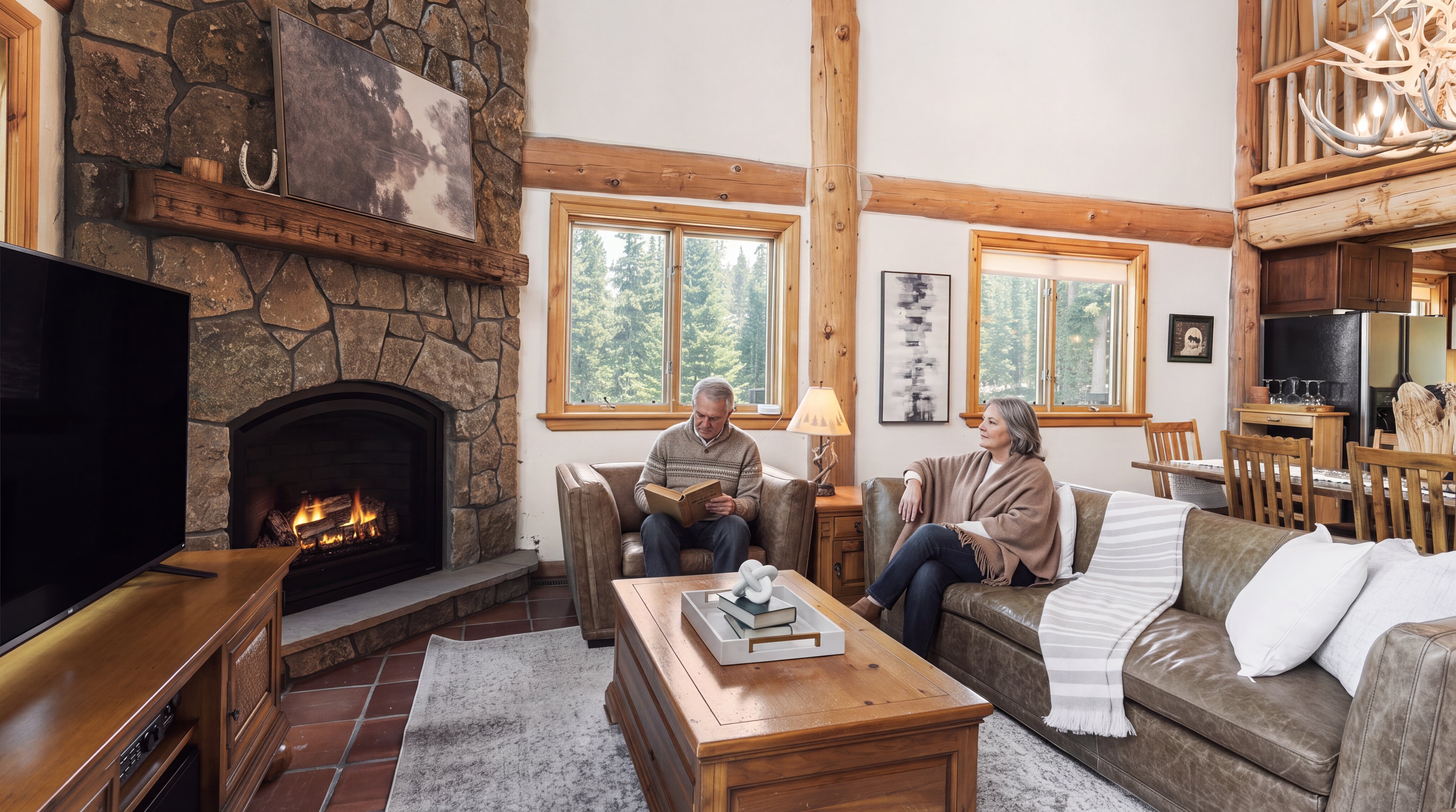 This cozy and inviting living room features a magnificent stone fireplace as its focal point and high vaulted ceilings with exposed timber beams. The open floor plan seamlessly connects the seating area to the adjacent kitchen, creating a warm, cabin-style aesthetic perfect for relaxed living. Large windows frame picturesque views of the surrounding forest, bathing the room in natural light.