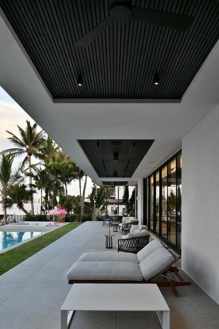 This expansive, modern covered patio features sleek, dark slatted ceilings with recessed lighting and a ceiling fan, creating a sophisticated outdoor living space. The area is furnished with comfortable lounge chairs and a low-profile table, overlooking a pristine swimming pool and a lush, tropical waterfront landscape. The seamless transition between the indoor living area and the outdoor deck is facilitated by large glass sliding doors, emphasizing a luxurious, open-air lifestyle.