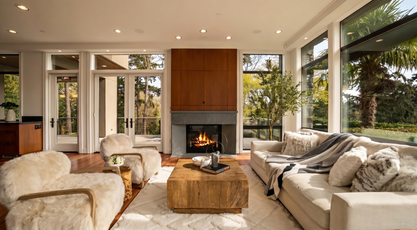 This bright and airy living room features a central fireplace with a stone surround and a tall wood-paneled chimney breast. The space is furnished with a plush cream-colored sofa, two fuzzy armchairs, and a large, rustic wood block coffee table resting on a textured white rug. Expansive windows and glass doors provide abundant natural light and views of the surrounding greenery, creating a seamless connection between the indoor living area and the outdoors.