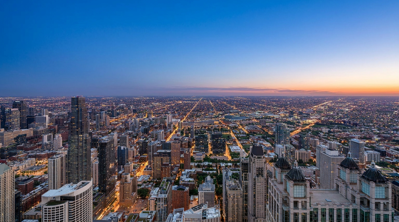 This high-altitude aerial view captures a sprawling urban cityscape, showcasing a dense collection of skyscrapers and residential high-rises. The perspective emphasizes the vast scale of the metropolitan area, with prominent architectural landmarks and a grid of streets stretching toward the horizon under a clear blue sky. The composition highlights the density and vibrant character of the city, offering a commanding vantage point of the surrounding skyline.