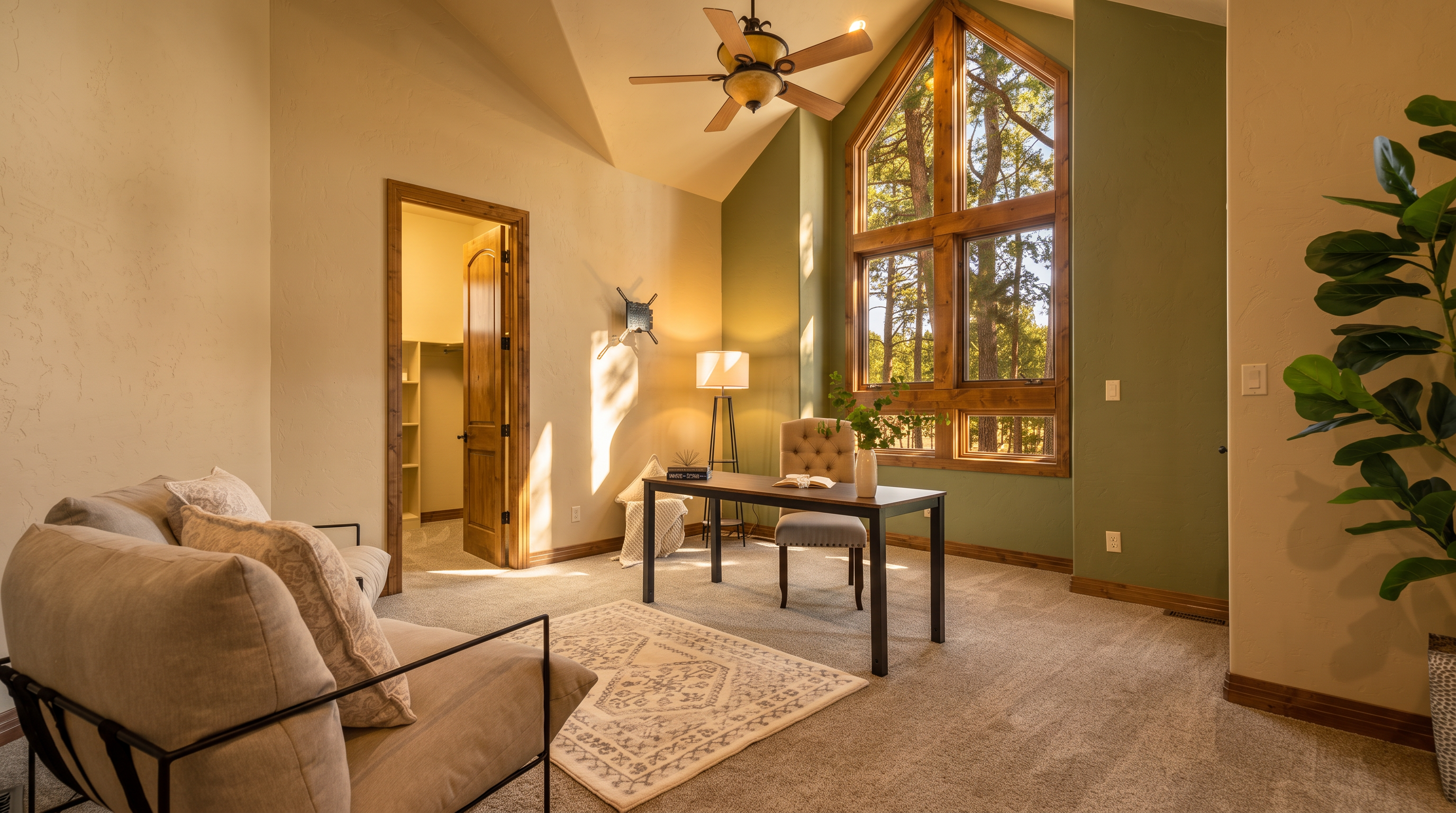 This bright and airy home office features a vaulted ceiling and a striking wall of tall, multi-pane windows that frame a view of the surrounding trees. The room is furnished with a sleek desk, a tufted chair, and a comfortable seating area, all set against a neutral color palette accented by a sage green feature wall. The space feels professional yet inviting, with a doorway leading to a walk-in closet and a ceiling fan providing functional comfort.