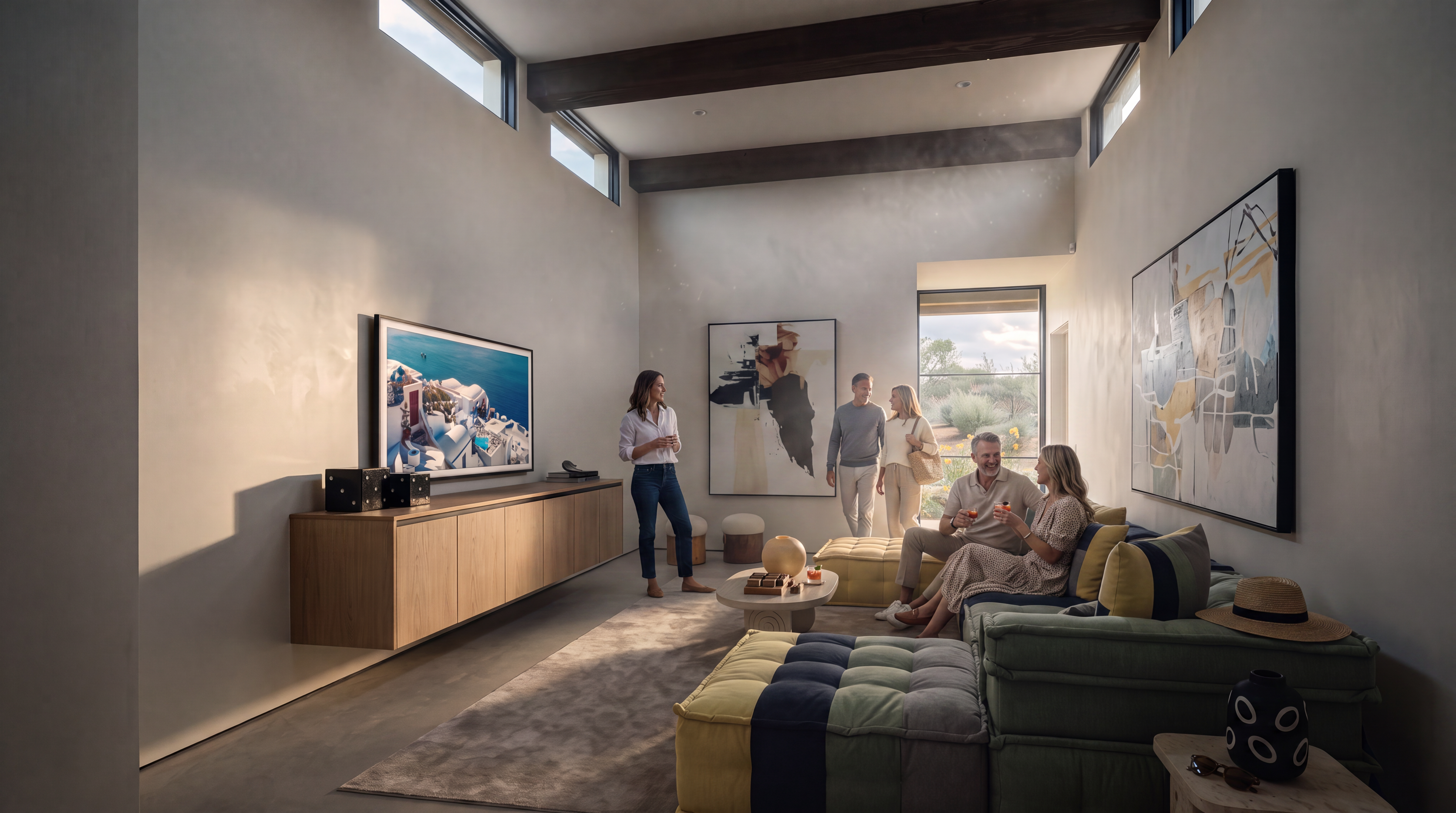 This modern living room features high ceilings with exposed dark wood beams and clerestory windows that flood the space with natural light. A large, modular green and yellow sectional sofa anchors the room, complemented by a floating light wood media console and abstract wall art. The space offers a seamless transition to the outdoors through a glass door, creating an airy and contemporary atmosphere.