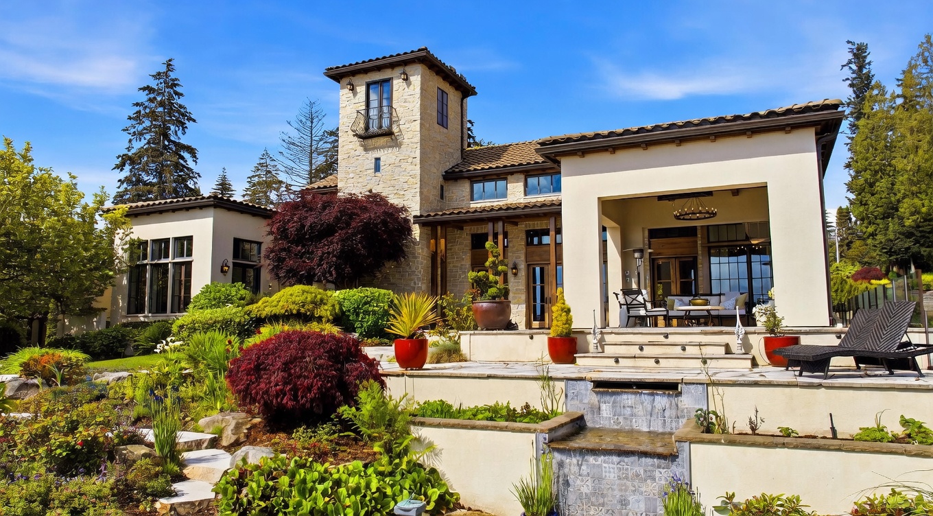 This elegant Mediterranean-style residence features a multi-level stone and stucco exterior with a prominent tower element. The rear of the home opens onto a spacious stone patio with a built-in water feature, overlooking a lush, tiered garden landscape. Large windows and a covered outdoor living area create a seamless transition between the sophisticated interior and the meticulously landscaped grounds.