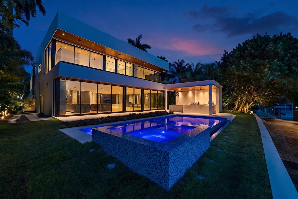 This modern luxury residence is captured at twilight, showcasing a sleek, two-story architectural design with extensive glass walls that illuminate the interior. The backyard features a geometric swimming pool with an integrated spa, complemented by a covered outdoor kitchen area with recessed lighting. The scene is framed by lush landscaping and palm trees, creating a sophisticated and serene atmosphere perfect for evening entertaining.