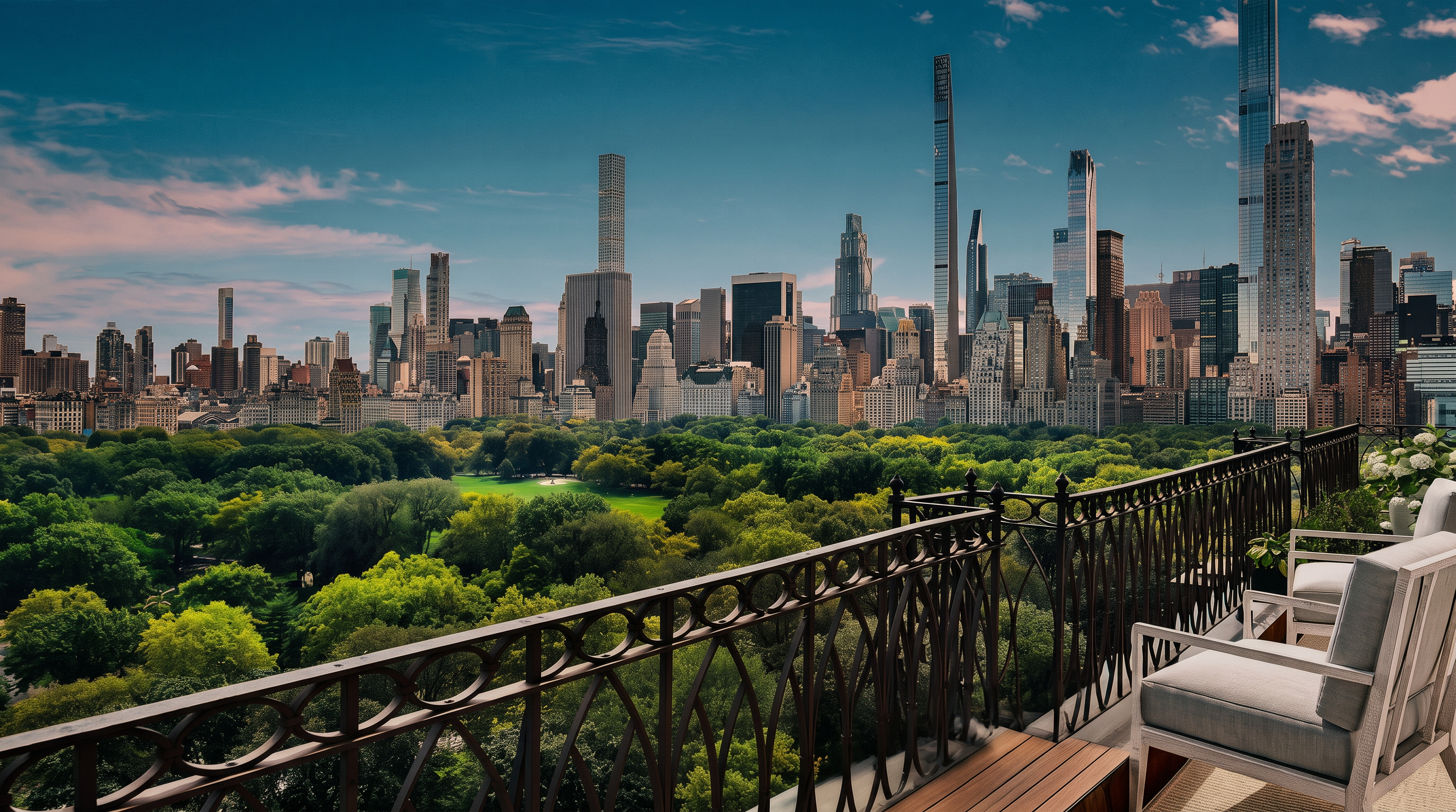 This high-rise balcony offers a breathtaking, panoramic view of Central Park and the iconic New York City skyline. The space is furnished with comfortable outdoor seating, featuring light-toned cushions and a decorative metal railing that frames the expansive urban vista. The perspective is elevated and cinematic, capturing the lush greenery of the park in the foreground against the dense cluster of skyscrapers in the distance.