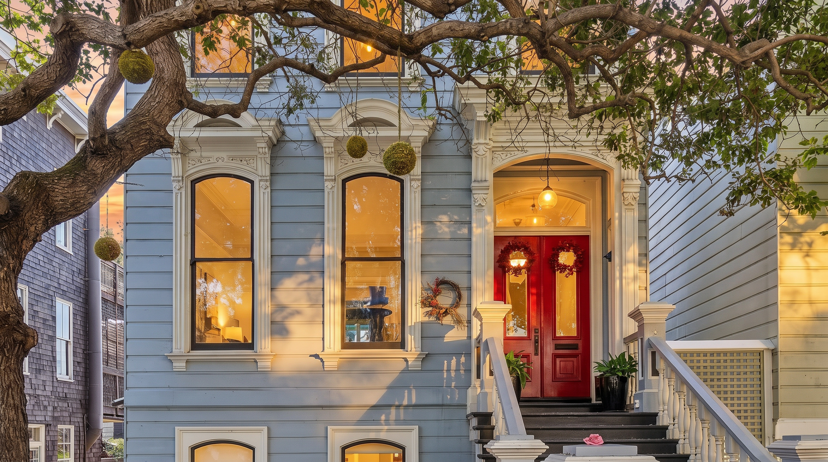 This charming Victorian-style home features a light blue horizontal wood-sided facade with elegant white trim and arched window detailing. A prominent red front door serves as a vibrant focal point, accessed by a set of dark-painted stairs leading up from the sidewalk. A large, mature tree with spreading branches frames the front of the house, adding a sense of established character and curb appeal to the property.
