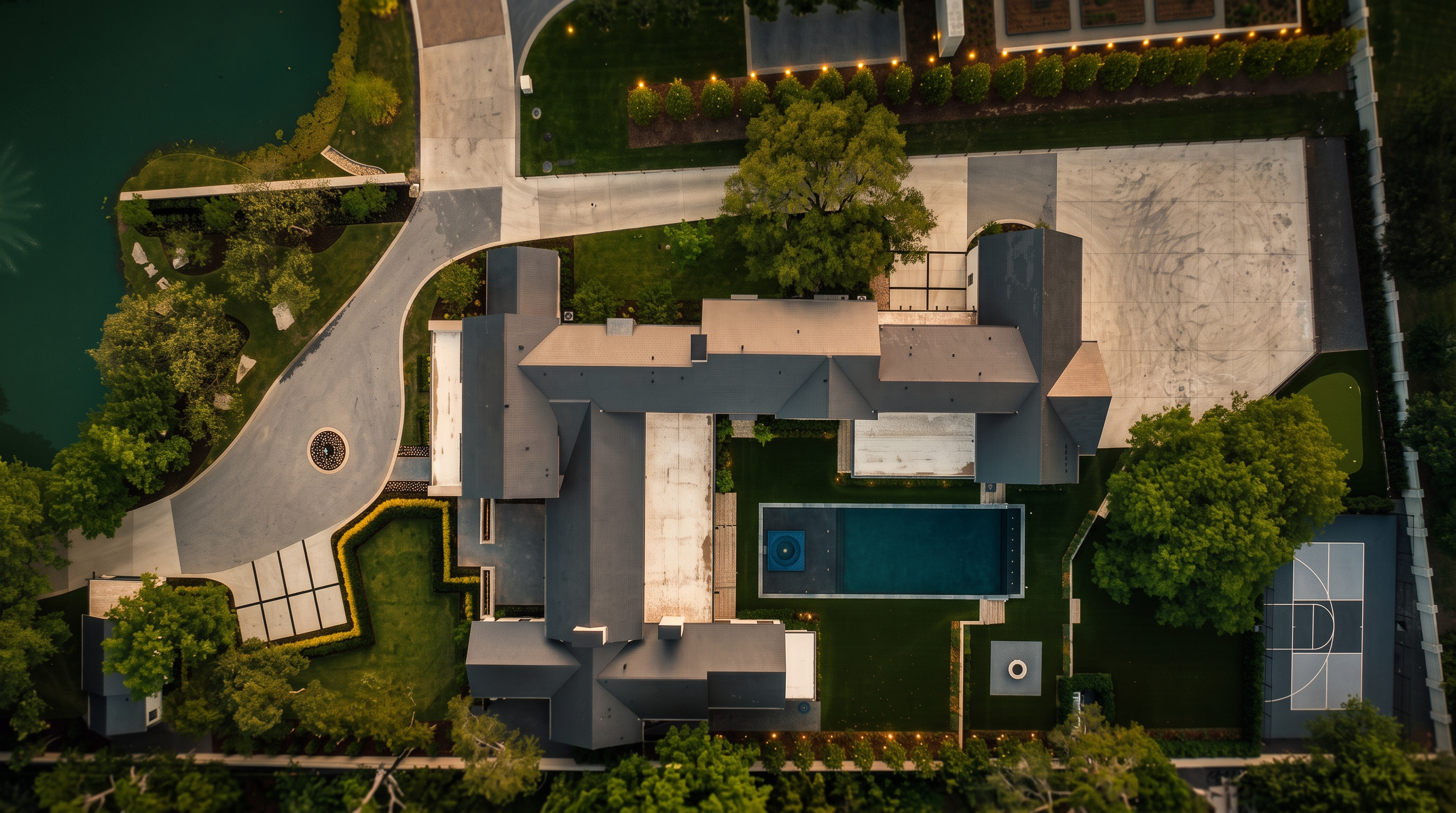 This high-angle aerial view captures a sprawling luxury estate featuring a complex, multi-gabled roofline and a modern architectural design. The property includes a rectangular swimming pool, a private sports court, and meticulously landscaped grounds with a circular driveway and a scenic pond. The perspective provides a comprehensive look at the expansive layout, highlighting the seamless integration of indoor and outdoor living spaces.