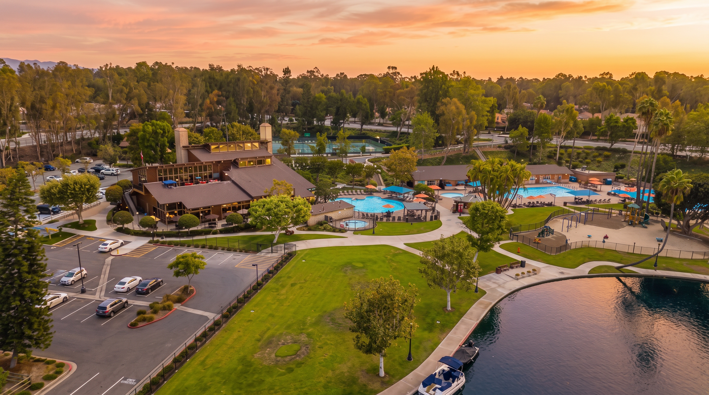 This stunning aerial view highlights a comprehensive community recreational facility, featuring a large clubhouse, multiple swimming pools, and a scenic waterfront with boat slips. The property is surrounded by lush green lawns, manicured landscaping, and ample parking, creating an inviting atmosphere for residents. It serves as a prime example of high-quality shared amenities that significantly enhance property value.