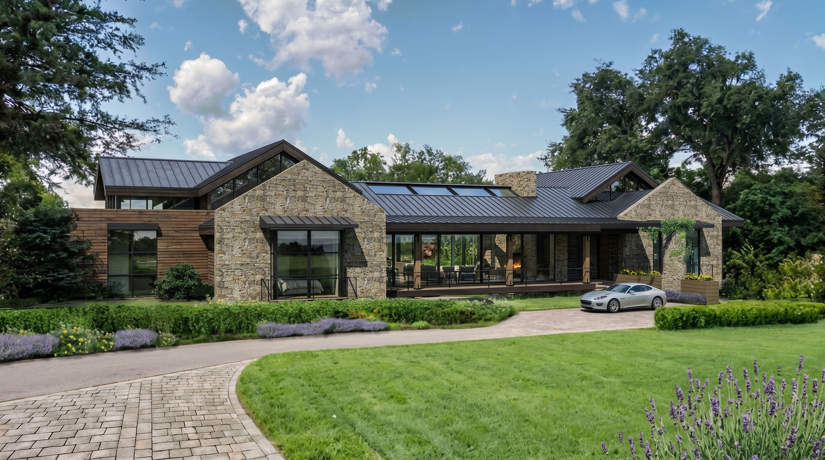 This stunning contemporary estate features a sophisticated blend of natural stone masonry, dark metal roofing, and warm wood siding. The expansive glass facade creates a seamless indoor-outdoor connection, while the manicured landscaping and paved driveway enhance the property's curb appeal. A sleek silver sports car parked in the driveway adds a touch of luxury to this architectural masterpiece.