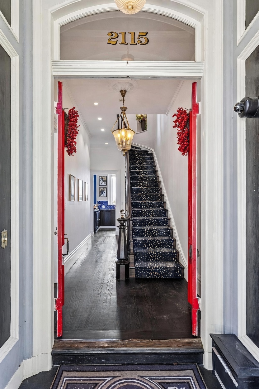 This perspective captures a grand entryway looking into a home, framed by striking red door frames and a transom window displaying the house number 2115. A central staircase with a bold, dark patterned runner leads upward, while a polished dark wood floor extends into the hallway toward a glimpse of a blue-tiled kitchen area. The space is accented by a classic hanging lantern fixture and festive red berry wreaths, creating a welcoming and sophisticated first impression.