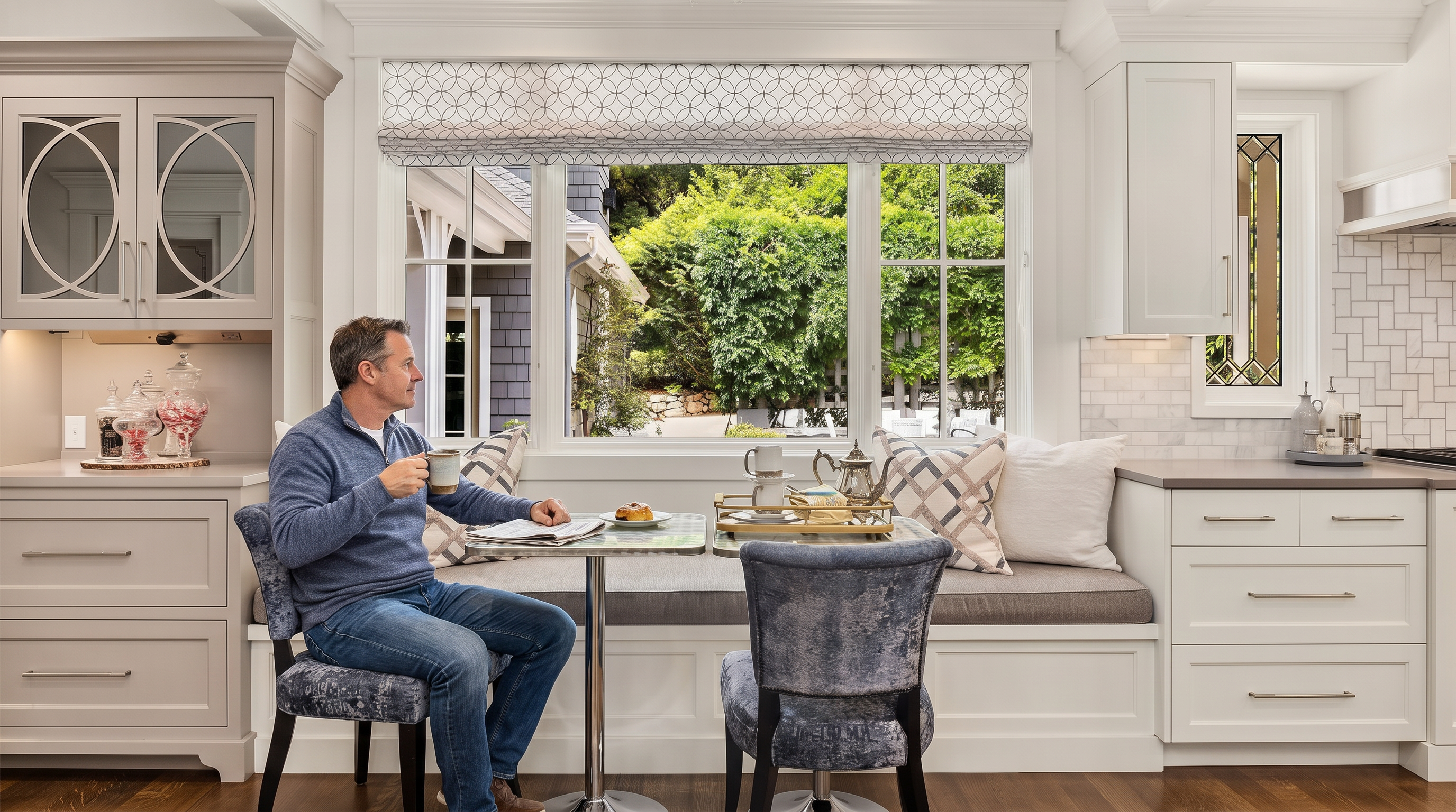 This bright and inviting kitchen breakfast nook features a built-in bench seat nestled against a large window with patterned roman shades. Two upholstered chairs with a textured blue finish are positioned at a small glass-topped table, creating a cozy dining area flanked by white cabinetry and light-toned storage units. The space is accented with decorative pillows and a small serving tray, offering a warm and sophisticated atmosphere.