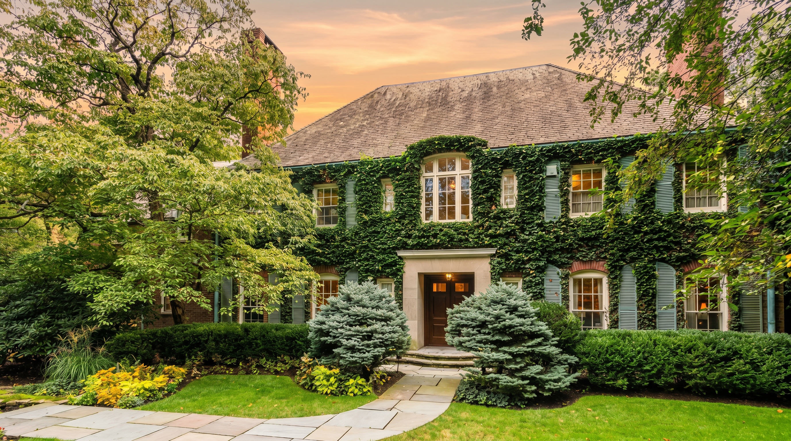 This classic two-story brick residence features a charming facade heavily covered in lush green ivy, giving it a timeless, established aesthetic. A stone pathway leads directly to the central front entrance, framed by manicured hedges and two prominent evergreen shrubs. The home is surrounded by mature trees and a well-maintained lawn, creating a serene and inviting curb appeal.