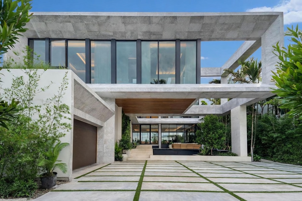 This striking modern residence features a bold architectural design with extensive use of light-toned stone and large glass panels. The front facade is defined by a deep, cantilevered overhang that creates a sheltered entryway, complemented by a geometric driveway with integrated grass strips. Lush landscaping, including bamboo and tropical greenery, softens the clean lines of the structure, providing a sophisticated and contemporary curb appeal.