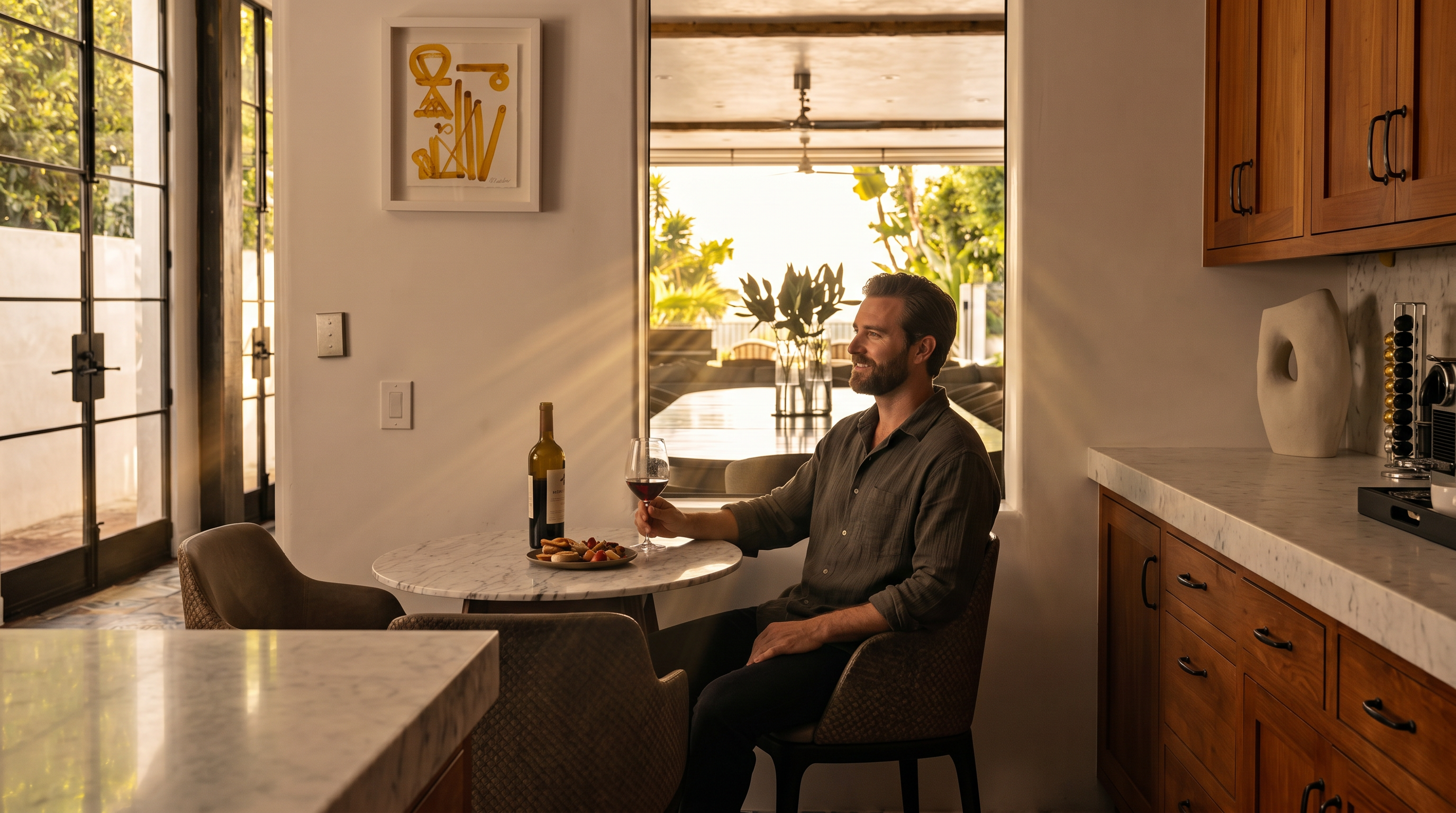 This kitchen features warm-toned wood cabinetry paired with light-colored stone countertops and a distinctive patterned tile floor. A small breakfast nook with a round table and chairs sits beside a large window that provides a view of an outdoor patio area. The space is bright and inviting, blending traditional cabinetry with modern finishes and a functional layout.