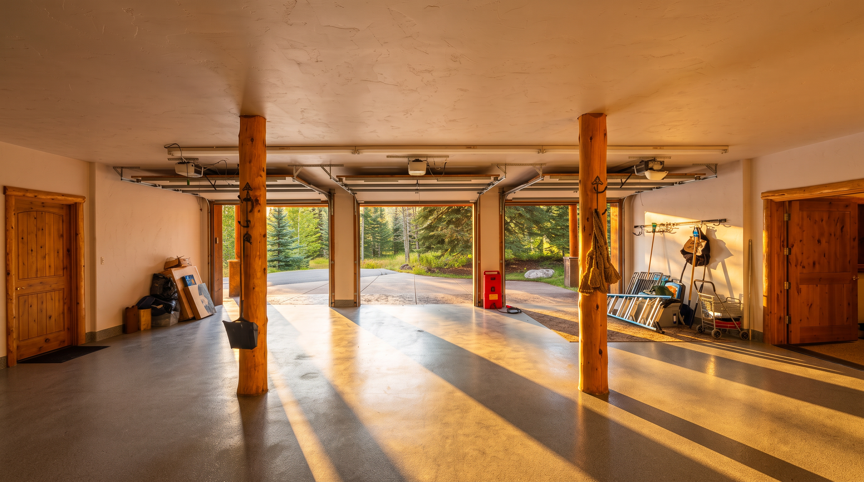 This spacious three-car garage features a clean, light-colored epoxy floor and is supported by two prominent, rustic log pillars. The open garage doors reveal a lush, green outdoor setting, while the interior includes practical storage areas and a wooden door leading to the home's interior. The overall aesthetic blends functional utility with a warm, cabin-inspired architectural style.