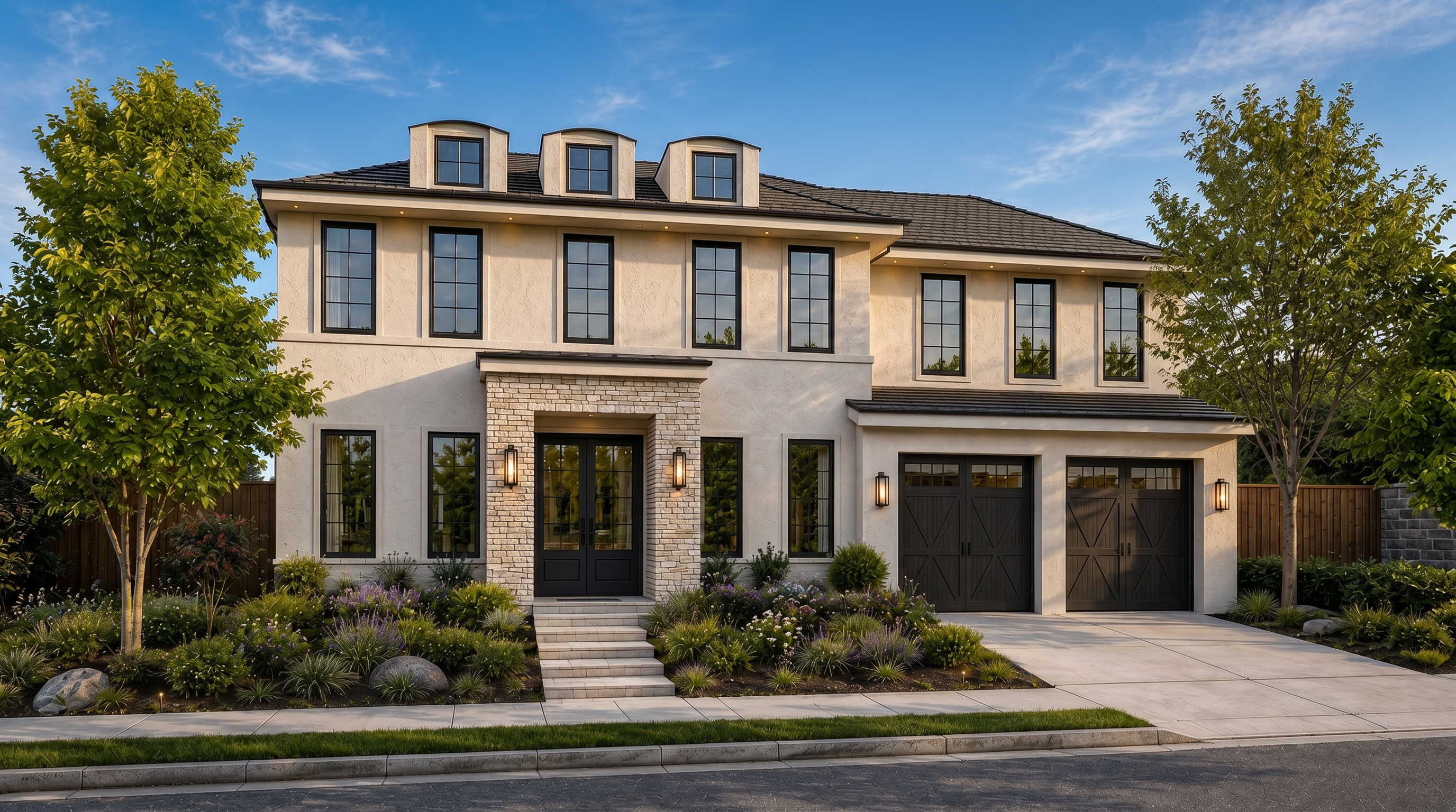 This is a stunning two-story contemporary home featuring a symmetrical facade with a light-colored stucco finish and tasteful stone masonry accents around the entryway. The home boasts large, black-framed windows, three charming dormers on the roofline, and a spacious two-car garage, all complemented by professional, drought-tolerant landscaping. The overall aesthetic is elegant, polished, and offers excellent curb appeal.